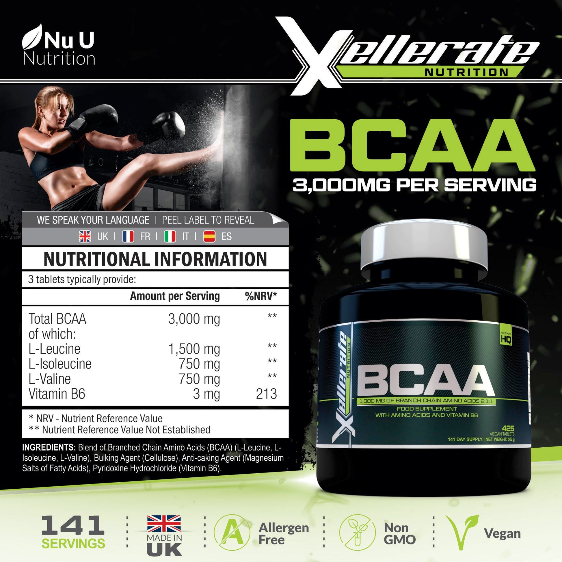 BCAA 1000mg - 425 Vegan Tablets - 3000mg Daily Serving - 141 Day Supply - 2:1:1 BCAAs Xellerate NUTRITION buy supplements canada