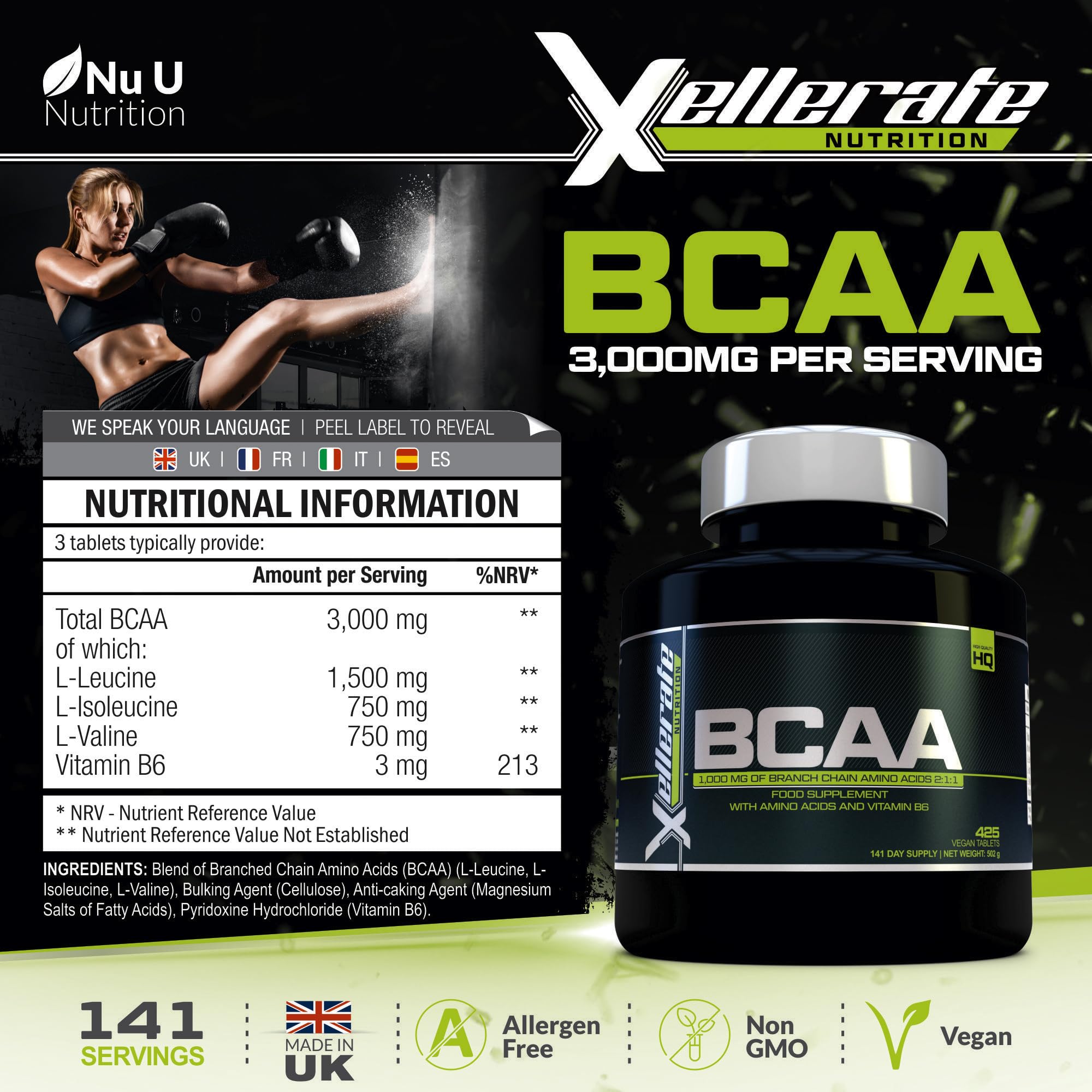 BCAA 1000mg - 425 Vegan Tablets - 3000mg Daily Serving - 141 Day Supply - 2:1:1 BCAAs Xellerate NUTRITION buy supplements canada