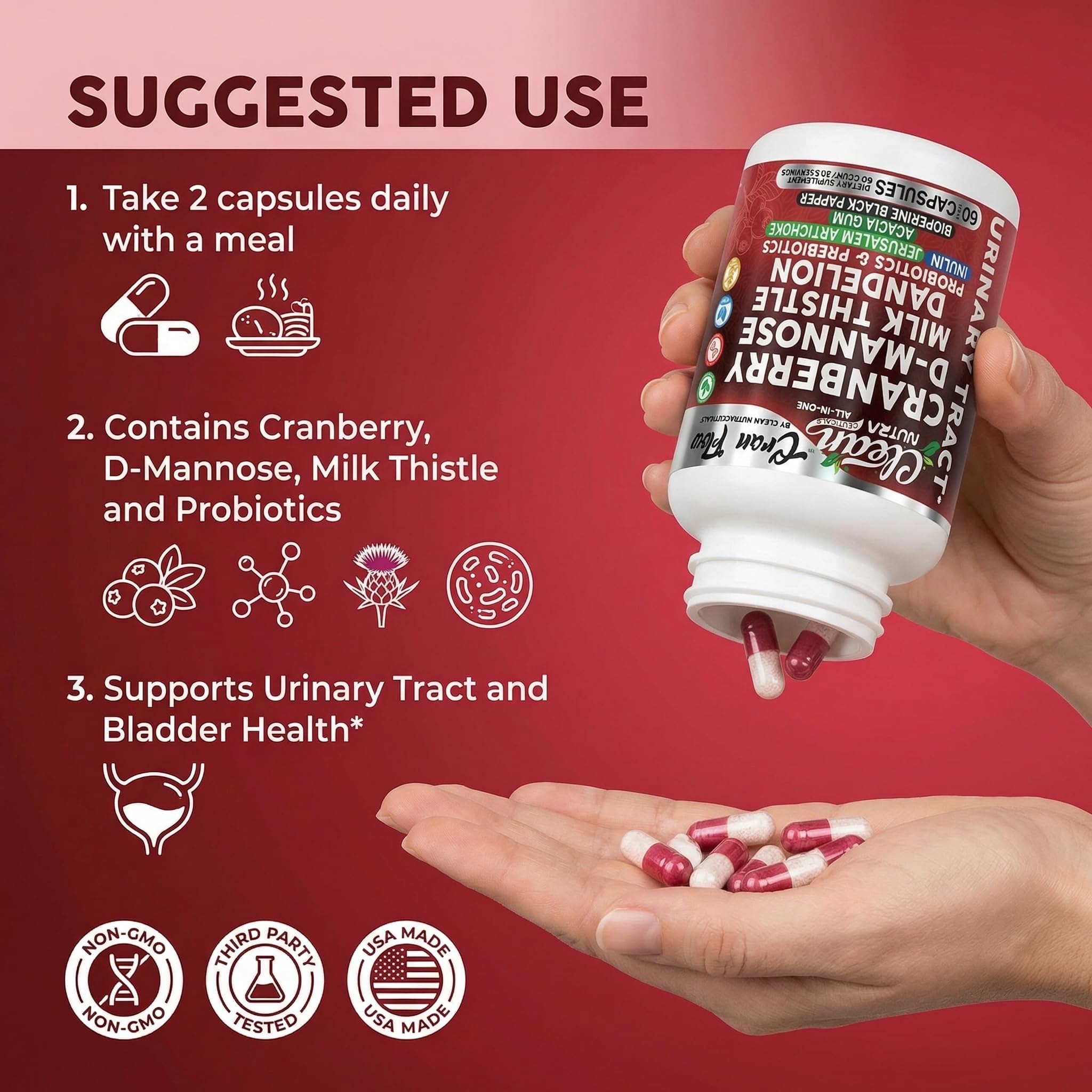 Cran Flow Cranberry Pills for Urinary Health D-Mannose Milk Thistle Dandelion Inulin Vitamin C Prebiotics and Probiotics Bladder Support By Clean Nutra Clean Nutraceuticals buy supplements canada
