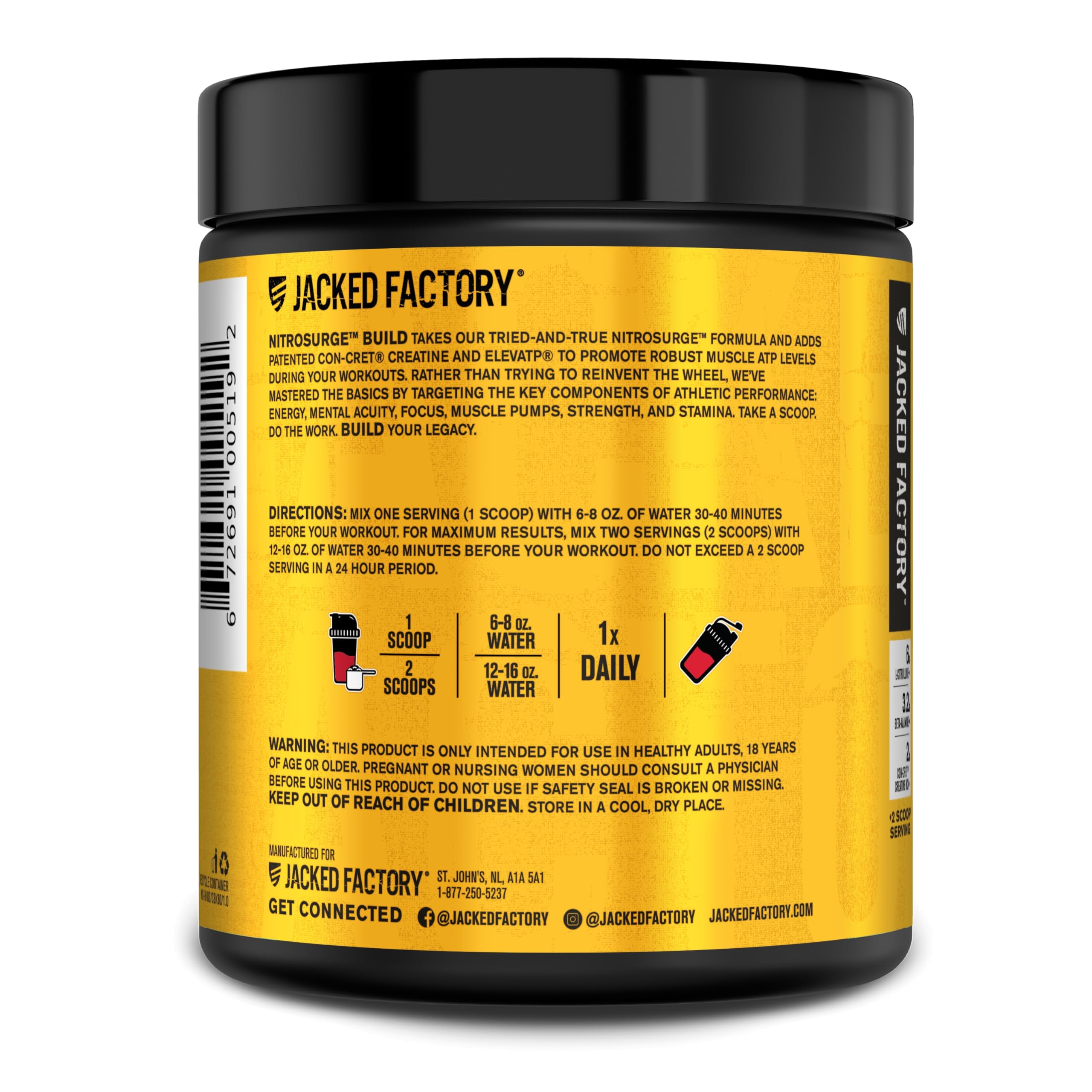 Jacked Factory Nitrosurge Build Pre Workout with Creatine for Muscle Building - Con Cret Creatine Powder & elevATP for Intense Energy, Powerful Pump Jacked Factory buy supplements canada