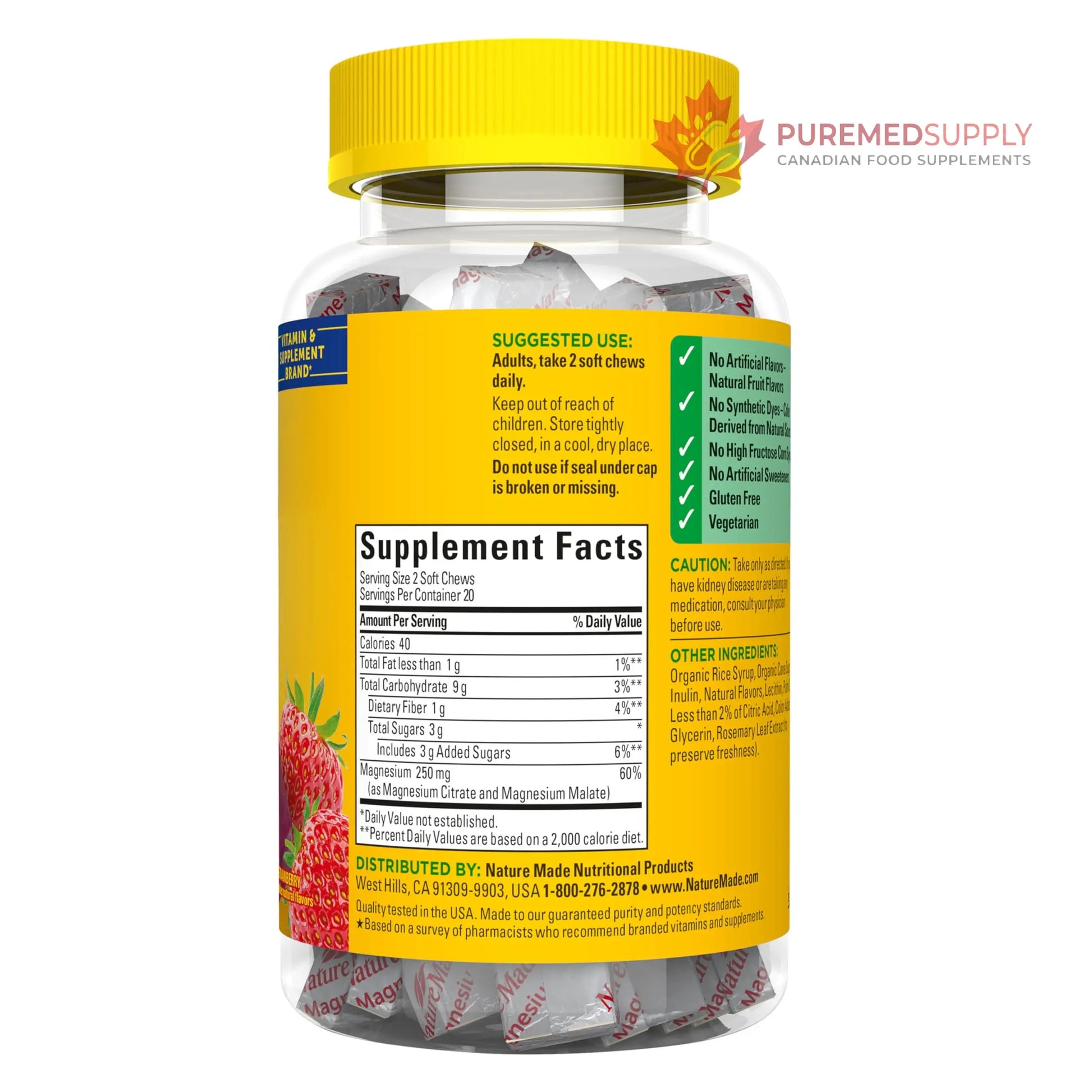 Nature Made High Absorption Magnesium Complex Soft Chews, Magnesium Supplement for Muscle, Heart, Bone Support, Magnesium Citrate & Malate Blend 250 mg per Serving, 40 Vegetarian Chews, 20 Day Supply Nature Made buy supplements canada