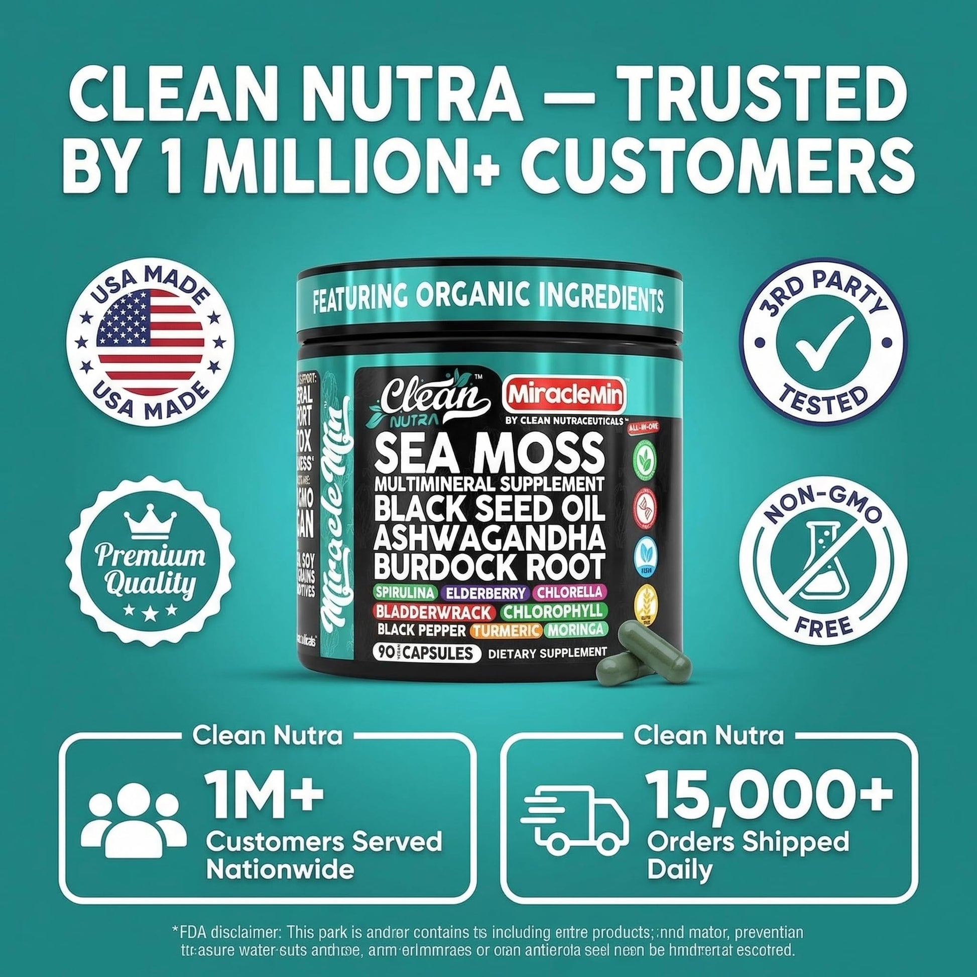 Clean Nutra Organic Sea Moss Capsules with Ashwagandha, Black Seed Oil, Burdock Root, Bladderwrack, Moringa, Chlorella, Spirulina, Turmeric, Elderberry, Amla – 90 Vegan Capsules – MiracleMin Clean Nutraceuticals buy supplements canada