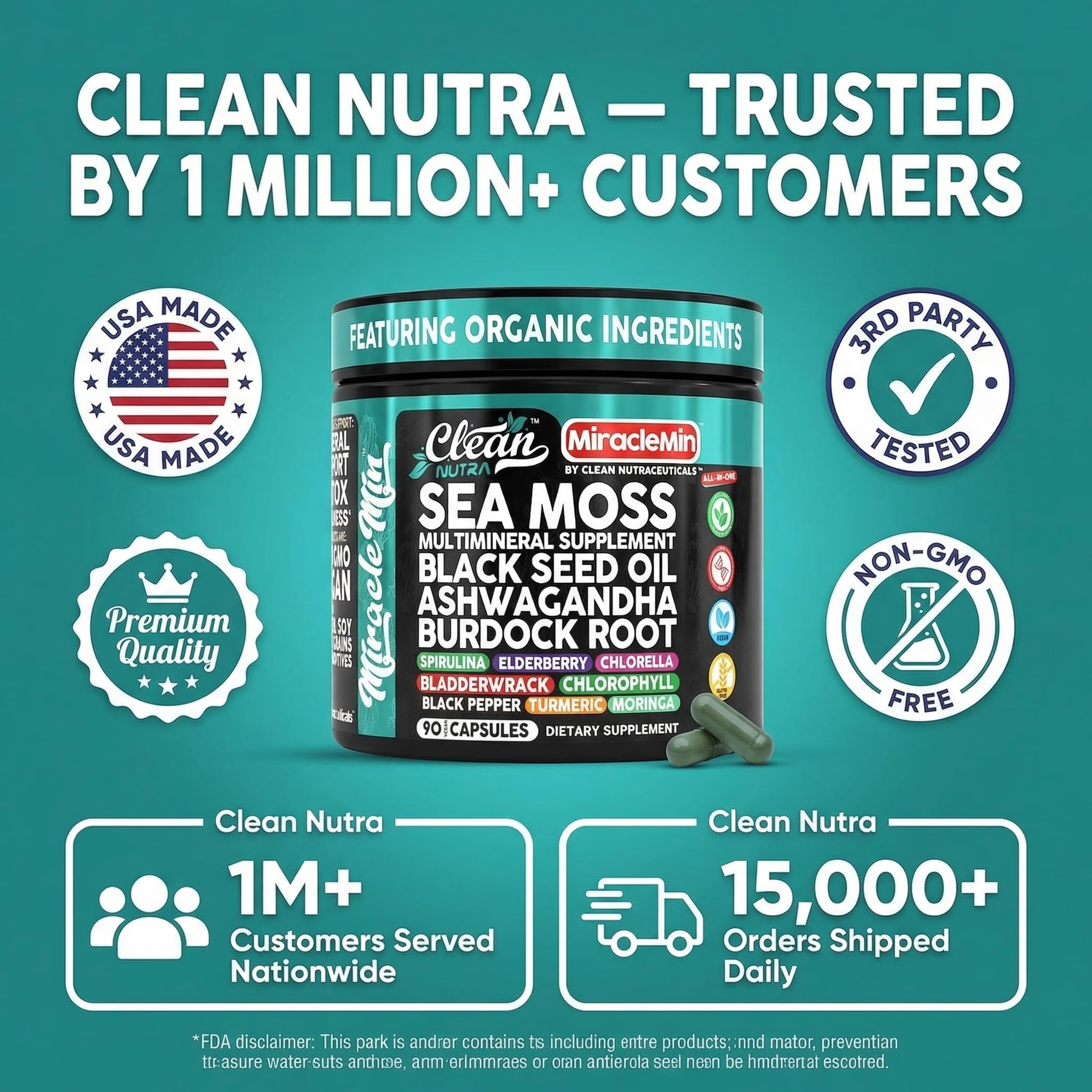 Clean Nutra Organic Sea Moss Capsules with Ashwagandha, Black Seed Oil, Burdock Root, Bladderwrack, Moringa, Chlorella, Spirulina, Turmeric, Elderberry, Amla – 90 Vegan Capsules – MiracleMin Clean Nutraceuticals buy supplements canada