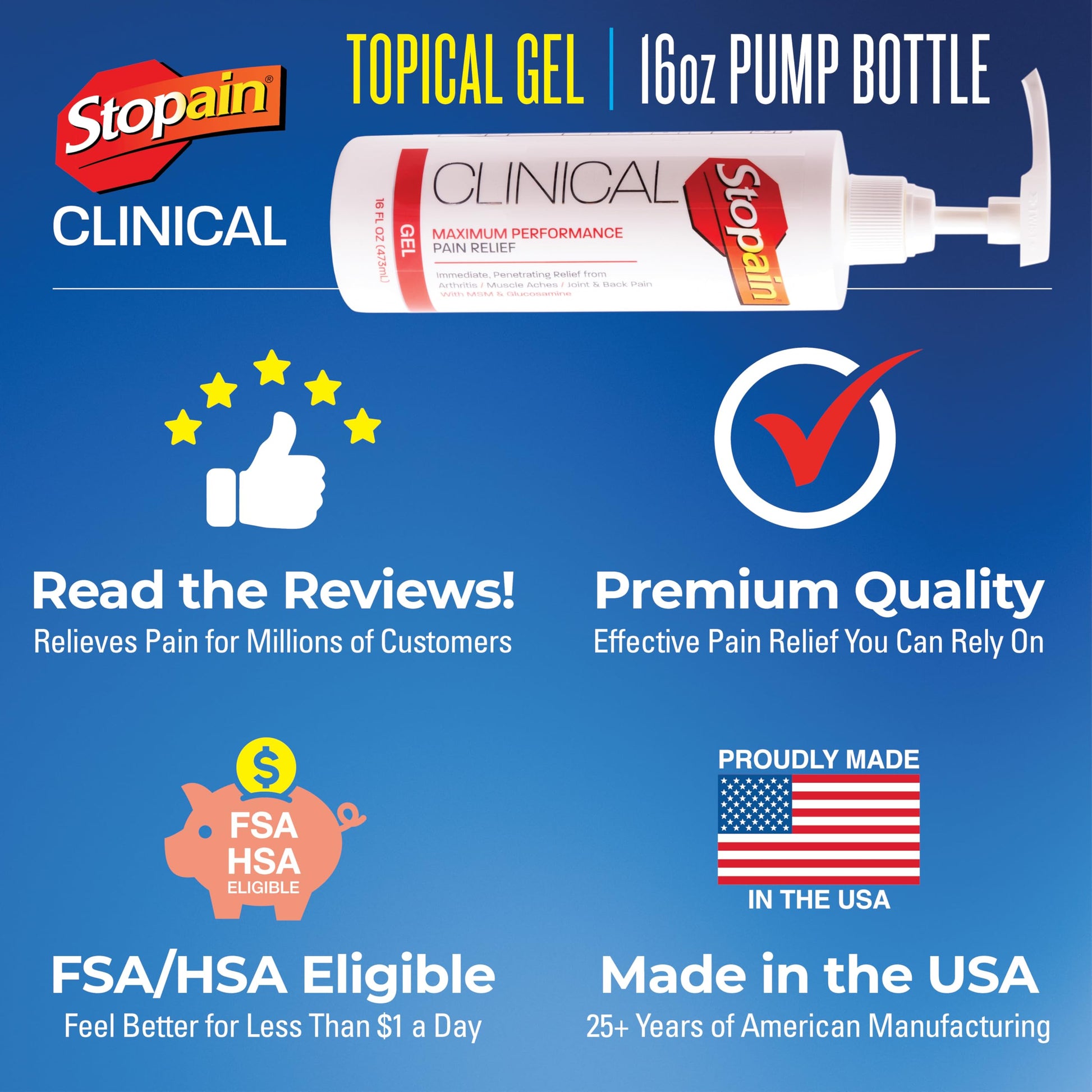 Stopain Clinical Pain Relief Gel 16 oz - Professional Formula for Arthritis, Knee, Back & Muscle Pain - Maximum Strength Gel for Joint & Nerve Pains with 10% Menthol Plus Glucosamine - Made in USA Stopain buy supplements canada