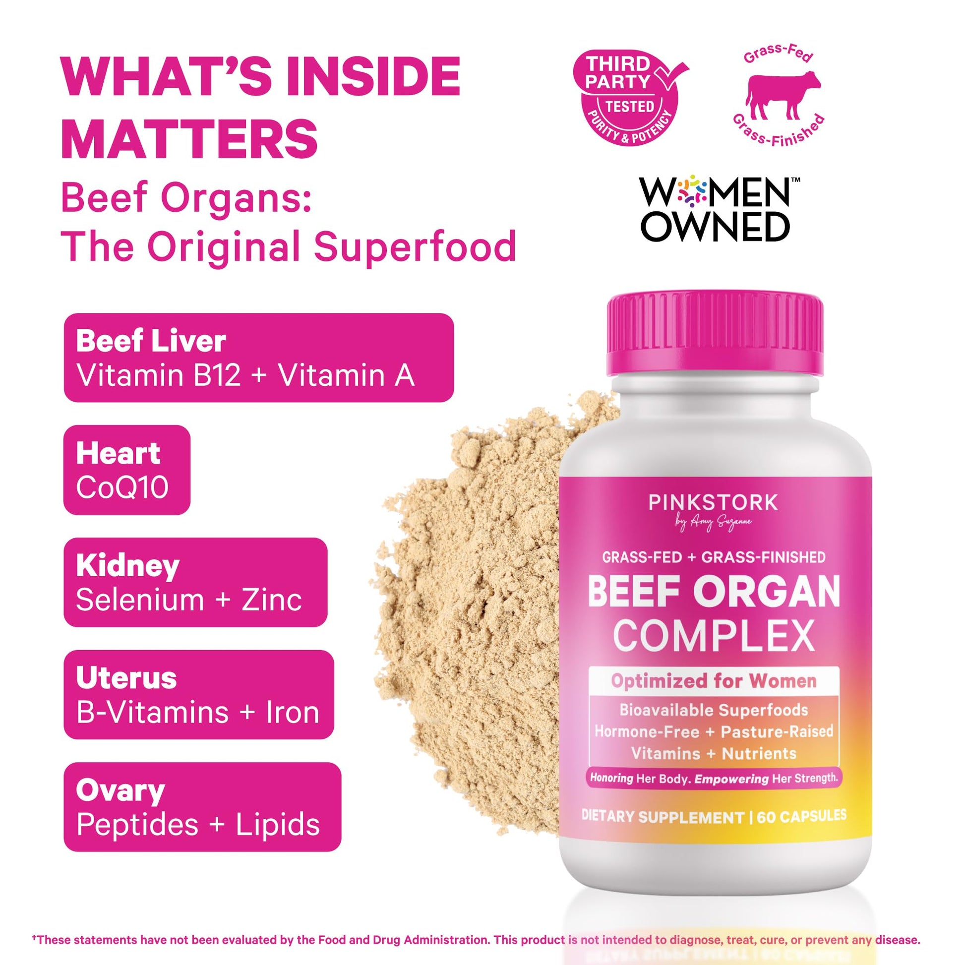 Pink Stork Beef Organ Supplement for Women | Grass-Fed Beef Liver Capsules with Iron, B12, CoQ10, Vitamin A | Primal Multivitamin for Female Hormone + Energy Support | 60 Capsules Pink Stork buy supplements canada