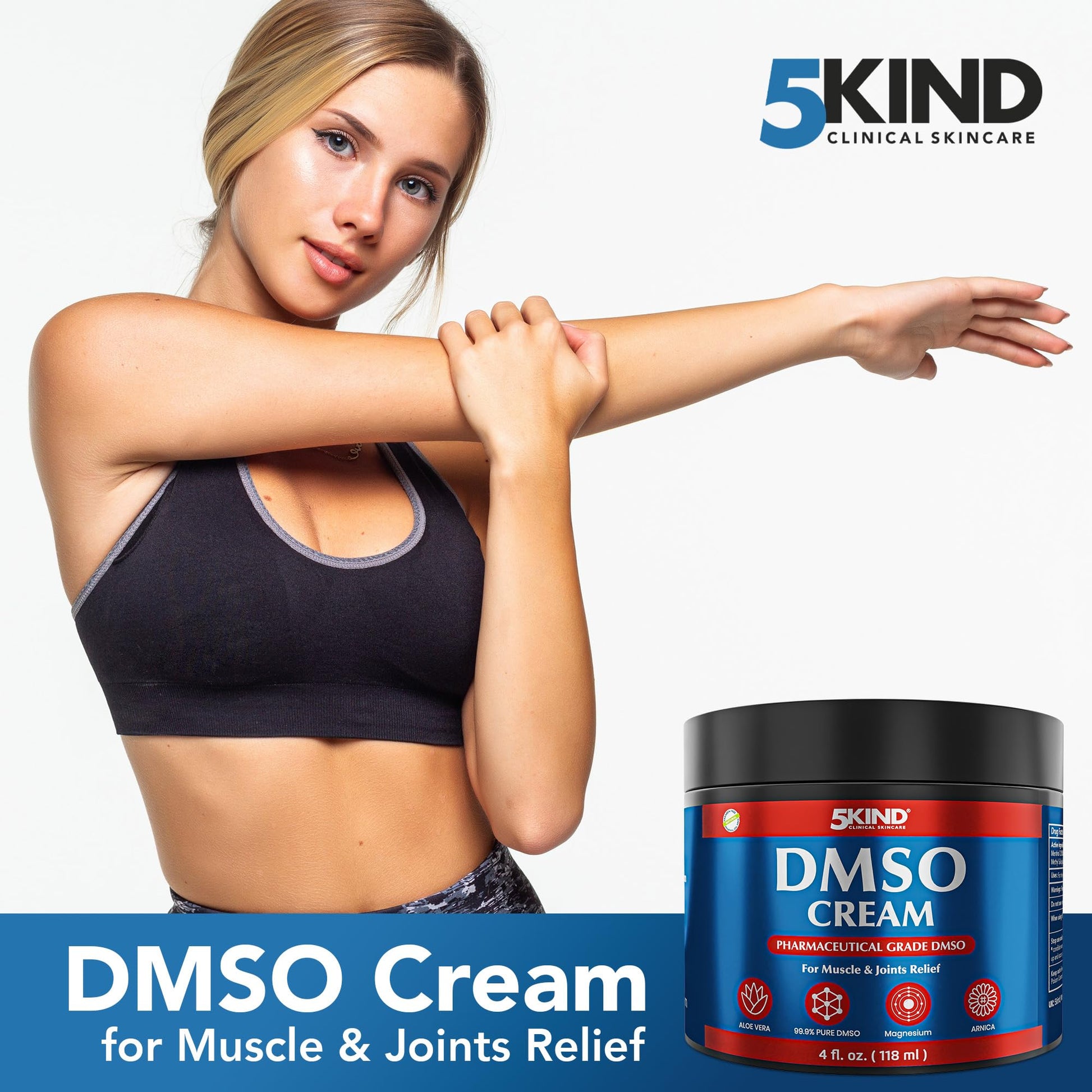 5Kind DMSO Cream for Pain Relief 4 fl oz - 99.9% Pure DMSO Pharmaceutical Grade Cream - Aloe Vera, Magnesium, Arnica & Menthol - Topical Muscle and Joint Pain Relief - Registered NDC - Made in USA 5kind clinical skincare buy supplements canada