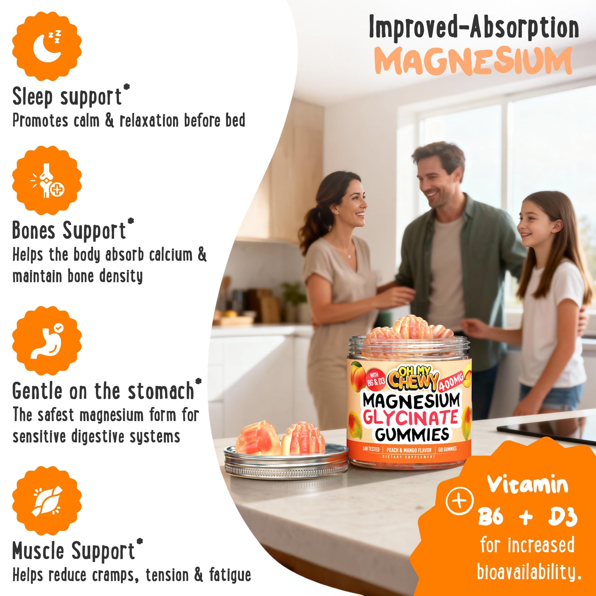 Center-Filled Magnesium Glycinate Gummies 400MG - High Absorption for Kids, Teens & Adults - Supplement for Sleep, Calm & Muscle Relaxation with B6 & D3 - Gluten Free & Vegan Friendly - 60 Count OH MY CHEWY buy supplements canada