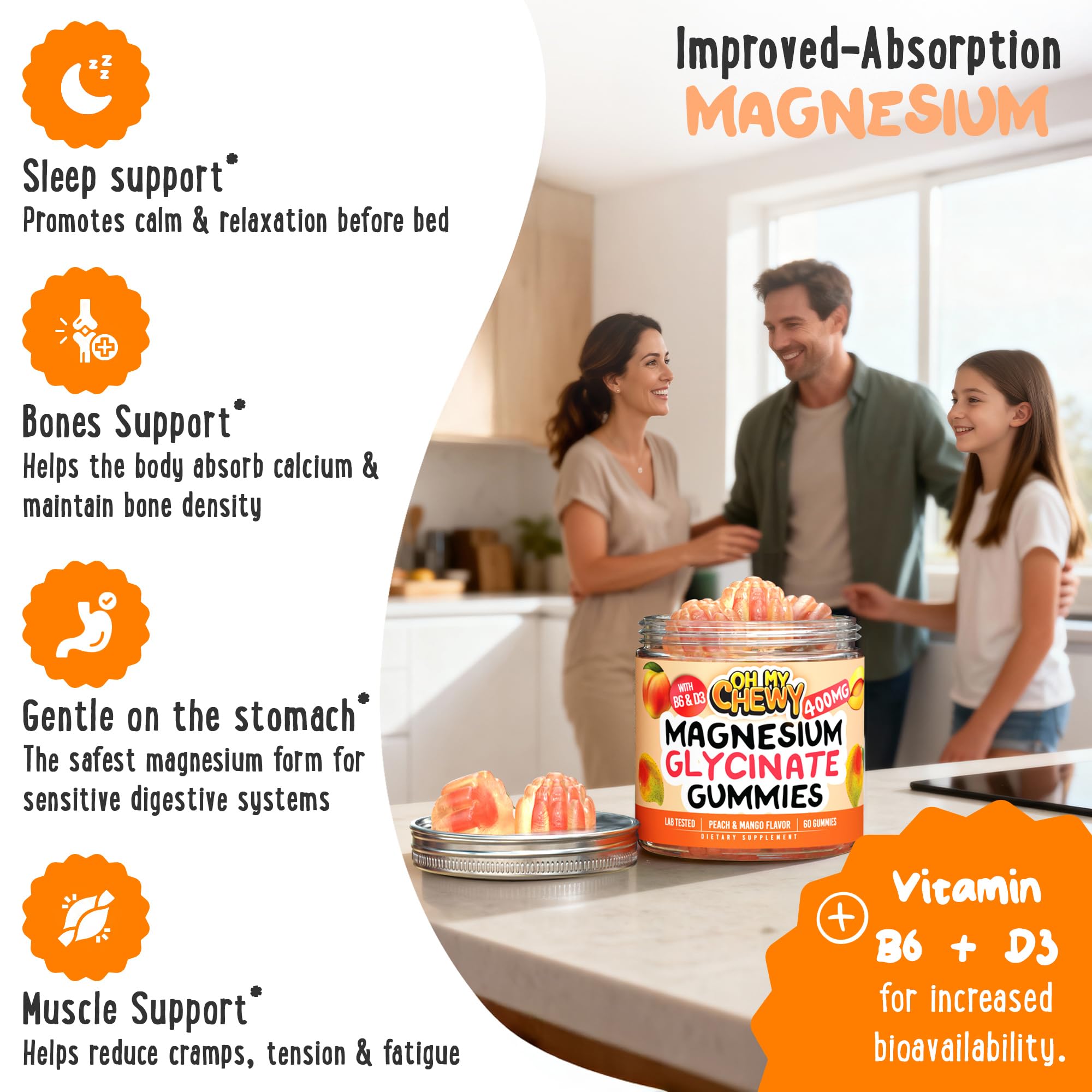 Center-Filled Magnesium Glycinate Gummies 400MG - High Absorption for Kids, Teens & Adults - Supplement for Sleep, Calm & Muscle Relaxation with B6 & D3 - Gluten Free & Vegan Friendly - 60 Count OH MY CHEWY buy supplements canada