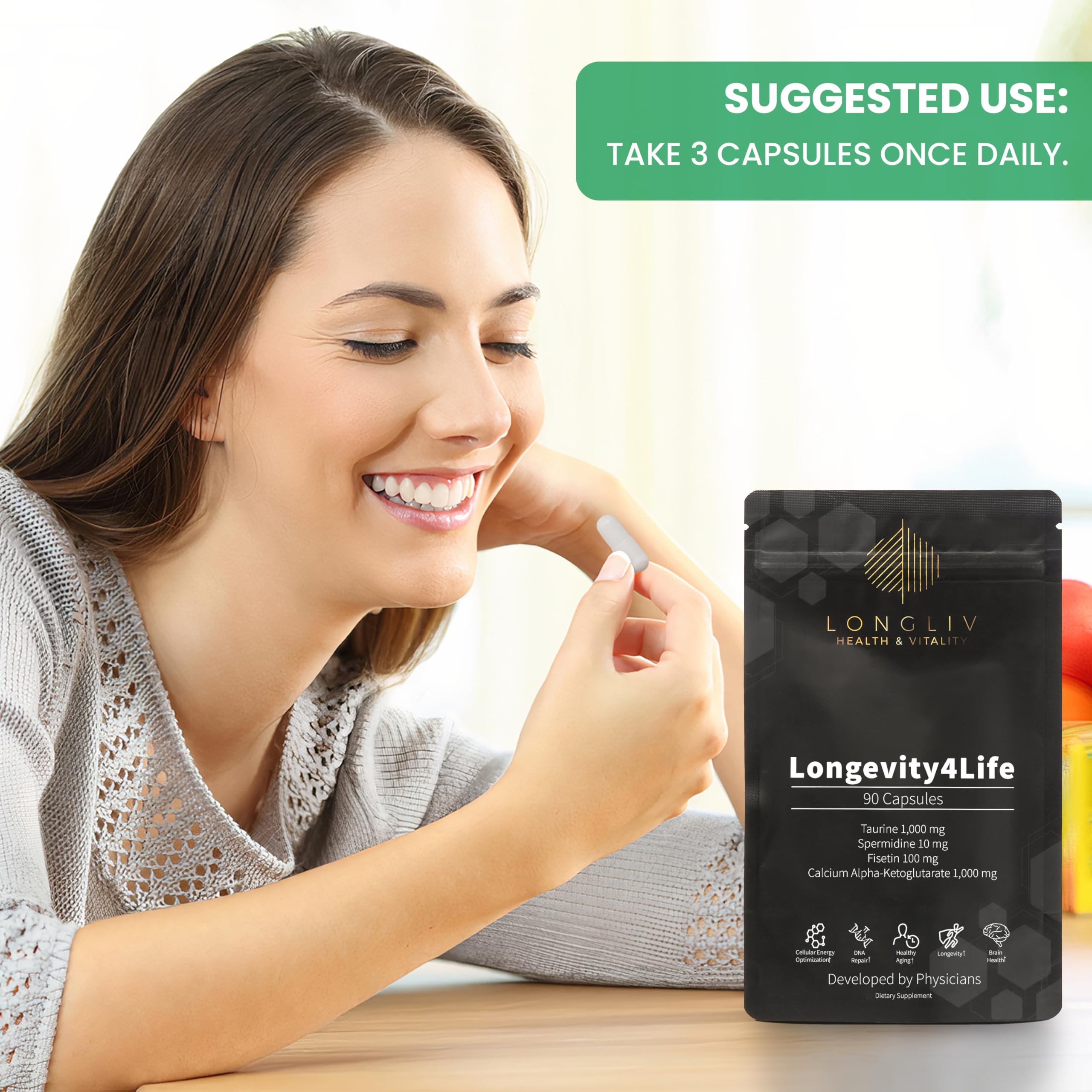 Longevity4Life - Ultimate Cellular Health Supplement - Fisetin, Taurine, Calcium Alpha-Ketoglutarate, and Spermidine Capsules for Longevity and Vitality - Made in USA - Physician Formulated LongLiv Health and Vitality buy supplements canada