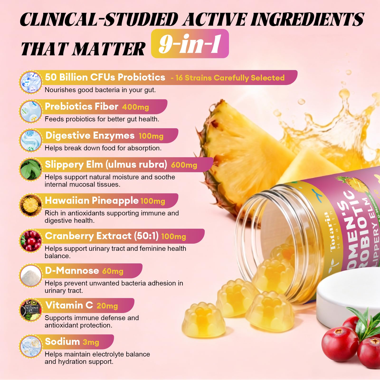 Totaria Sugar Free Probiotics for Women, Feminine Balance Gummies, 50 Billion CFU Vaginal Probiotic Prebiotic w/Slippery Elm, Cranberry, for Vaginal, Urinary Tract Totaria buy supplements canada