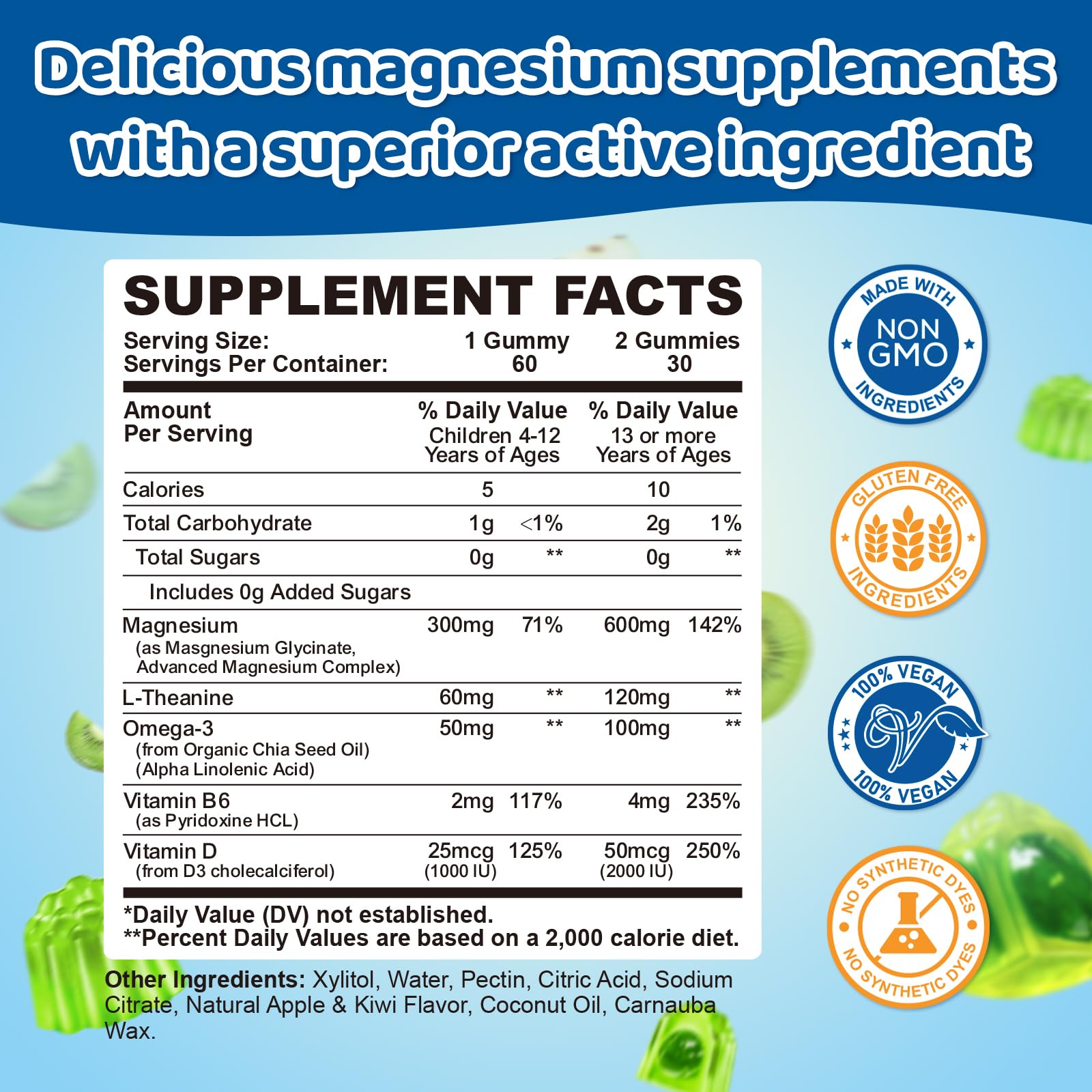 Center-Filled Magnesium Gummies for Kids 300MG - Magnesium Glycinate Gummies with L-theanine, Omega-3, Vitamin B6, D for Kids & Adults, Supplement for Sleep, Calm & Muscle Relaxation - Apple & Kiwi CNCHEF buy supplements canada