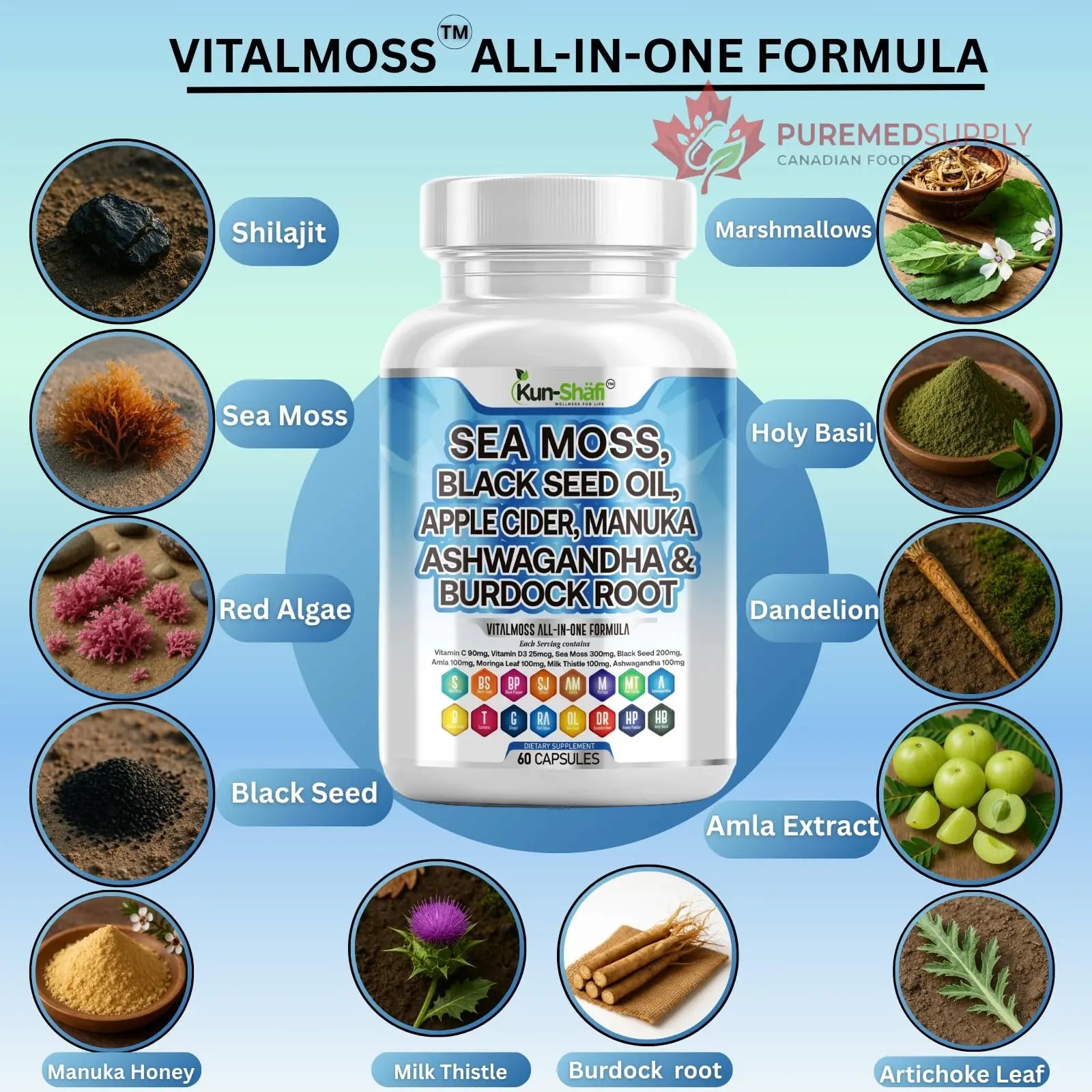 Kun Shafi Sea Moss Complex – with Black Seed Oil, Shilajit, Amla, Moringa, Turmeric, Ashwagandha & Burdock – Enriched with Vitamin C, D3, Chlorophyll, Manuka & Ginger – 60 Capsules Kun Shafi buy supplements canada
