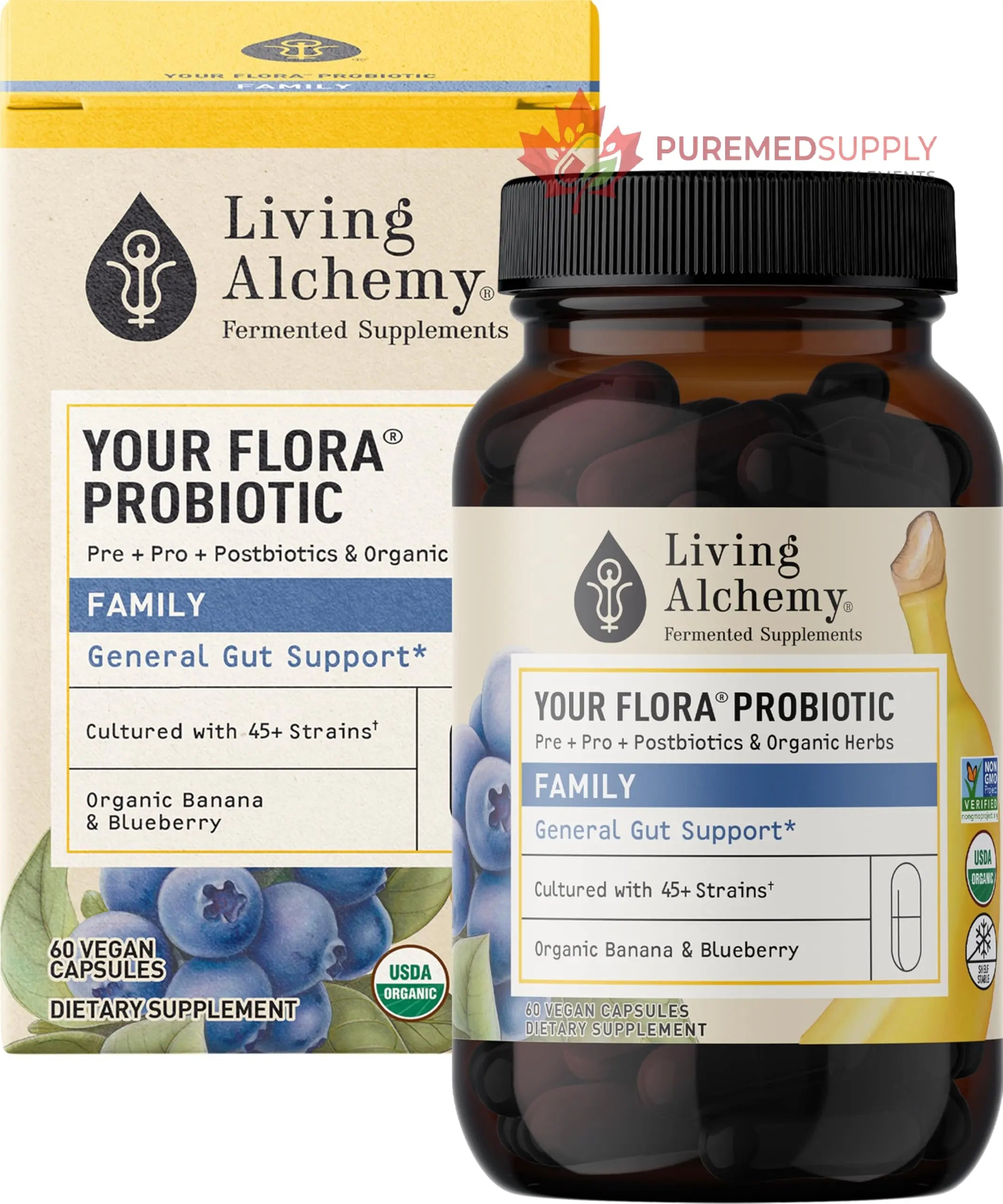 Your Flora Probiotic Family – Non-GMO Probiotics with Fermented Soybean, Banana, & Blueberry for Digestion & Gut Support – Prebiotics, Postbiotics, Digestive Enzymes – Living Alchemy, 60 Capsules Living Alchemy buy supplements canada