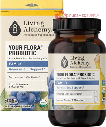 Your Flora Probiotic Family – Non-GMO Probiotics with Fermented Soybean, Banana, & Blueberry for Digestion & Gut Support – Prebiotics, Postbiotics, Digestive Enzymes – Living Alchemy, 60 Capsules Living Alchemy buy supplements canada