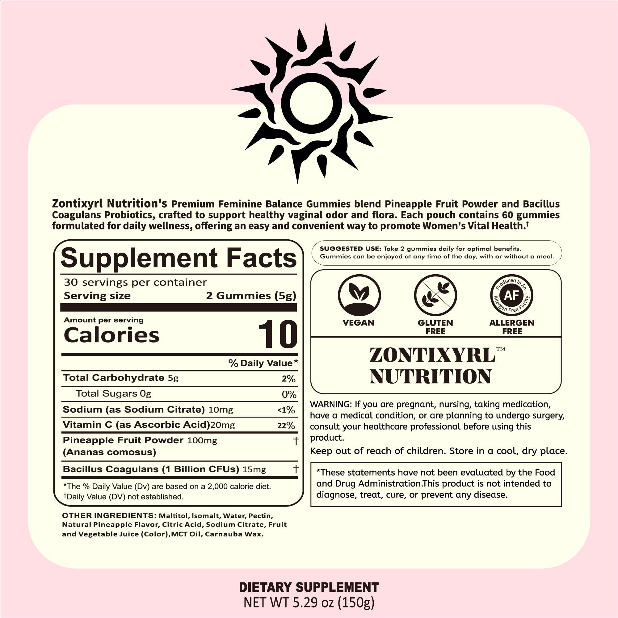 Zontixyrl Premium Feminine Balance Gummies Women - Pineapple Gummies for Women pH Probiotic and Immune Support Vegan Gluten Free 60 Gummies 30 Servings Zontixyrl buy supplements canada