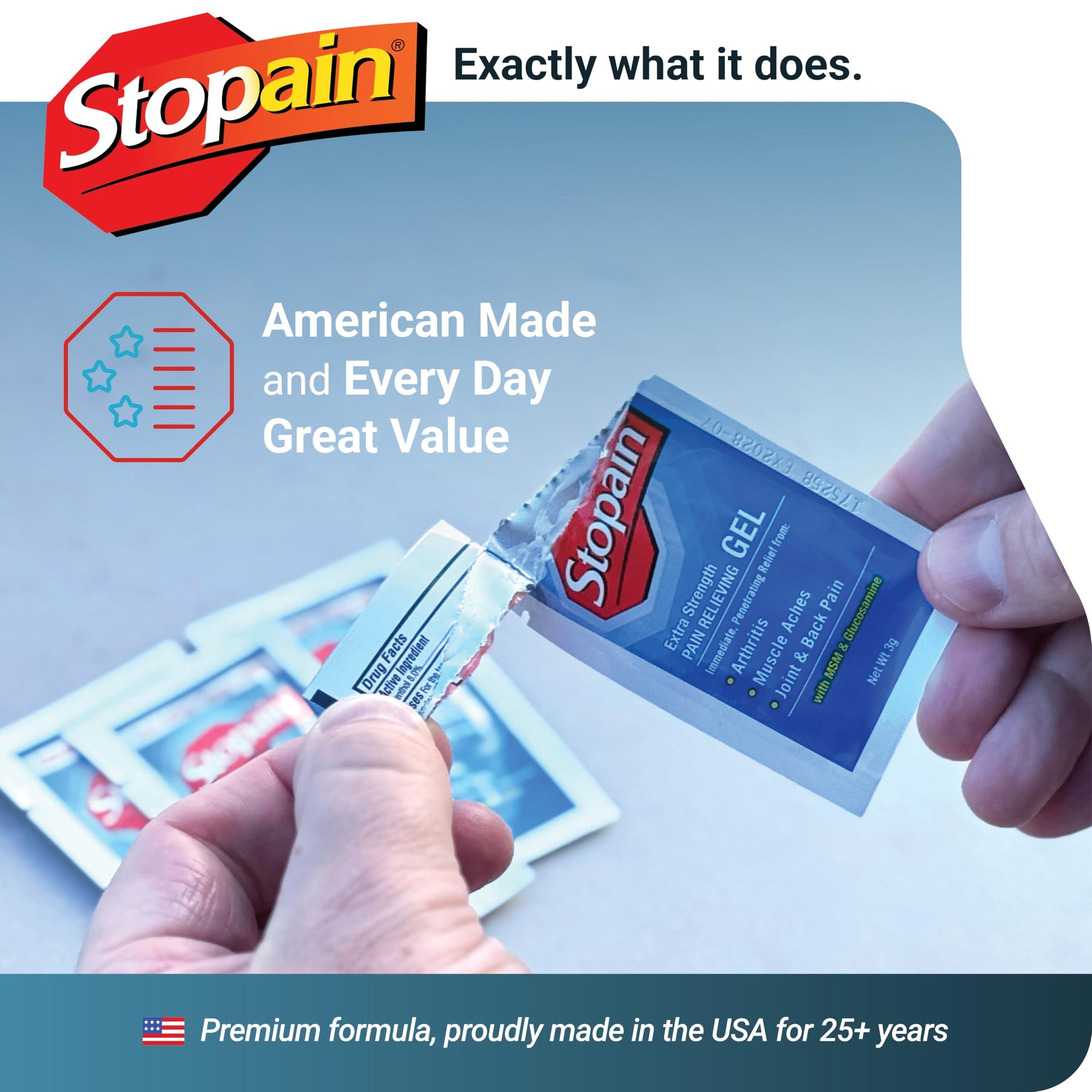 Stopain Pain Relief 3g Gel Packets, 100ct, 8% Menthol, Topical Pain Relief, Knee Pain Relief, Back Pain Relief, and Arthritis Pain Relief, Perfect for Workplace First Aid Cabinets, Made in USA Stopain buy supplements canada