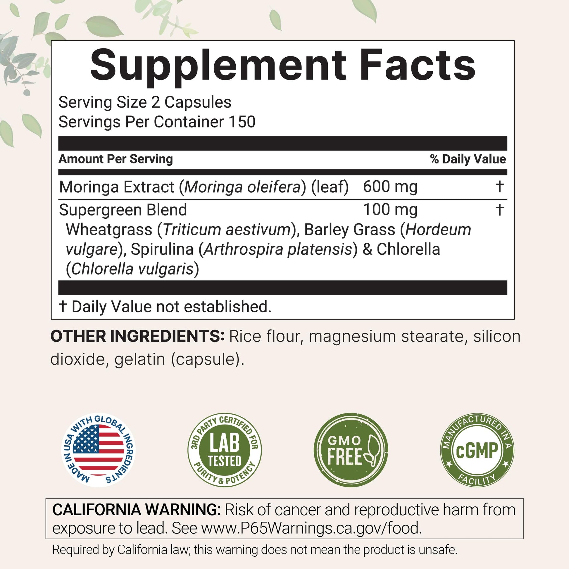 Micro Ingredients Moringa Oleifera | 300 Capsules with Supergreens Blend of Wheatgrass, Barley Grass, Spirulina, & Chlorella | Antioxidant Supplement, Energy, & Immune Support | Non-GMO Micro Ingredients buy supplements canada