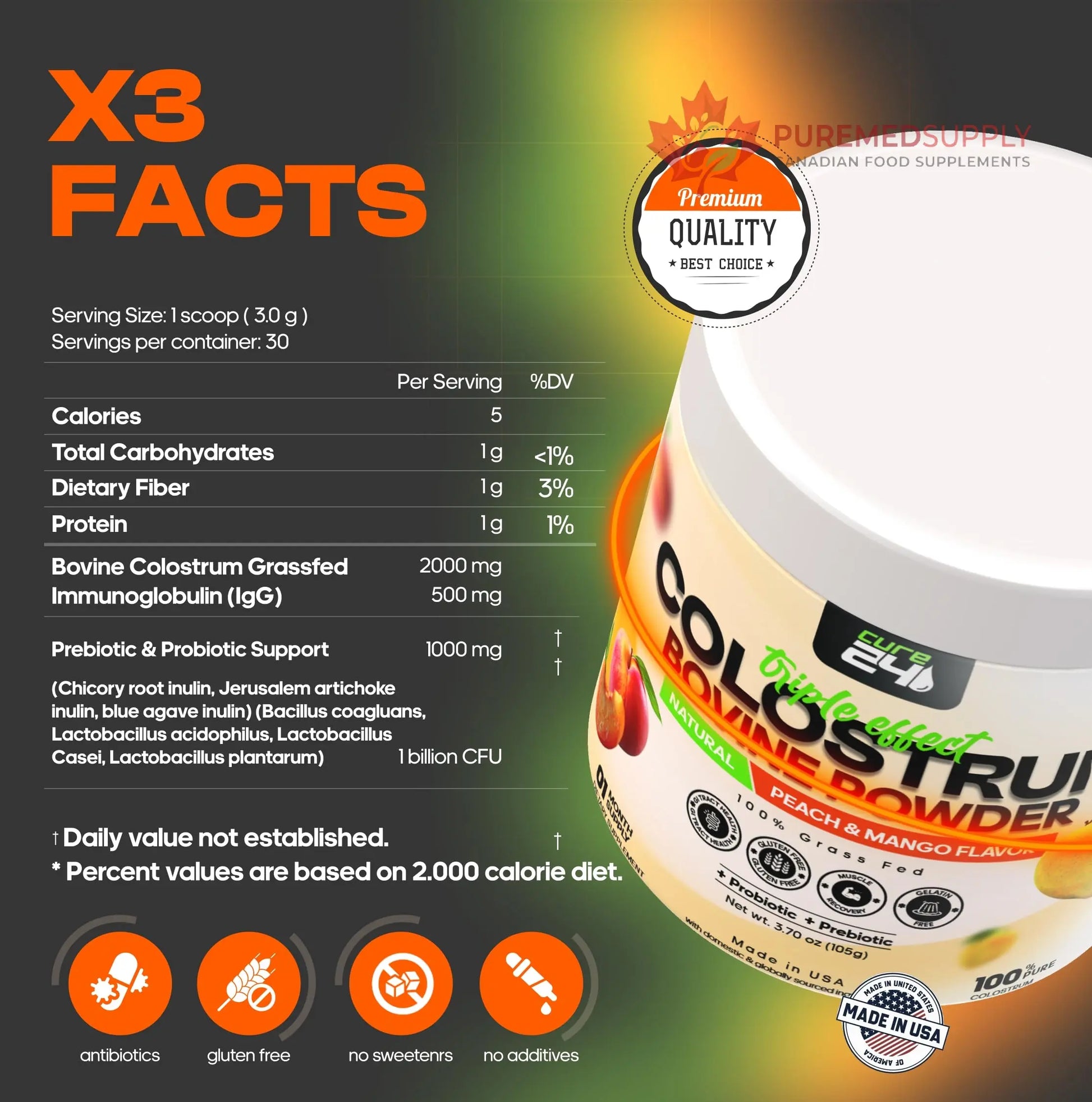 Cure24 Bovine X3 Colostrum Supplement Powder for Humans, 100% Pure Whole Natural Grass Fed Superfood, High IgG, Plus Probiotic & Prebiotic, Natural Peach-Mango Flavor, Made in USA Cure24 buy supplements canada
