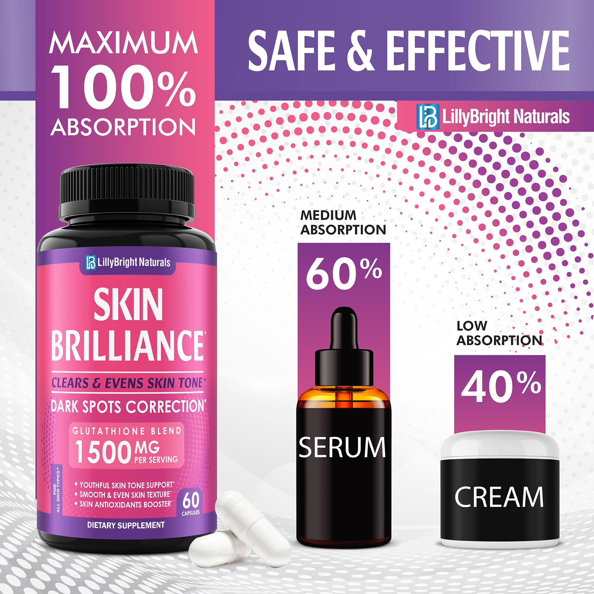 Glutathione Capsules - 1,500mcg L-Glutathione Supplement with Vitamin C - Skin Tone Enhancer - Targets Dark Spots & Acne Marks - Antioxidant Supplement for Beauty & Health Support - 60 Skin Pills LB LILLYBRIGHT NATURALS buy supplements canada