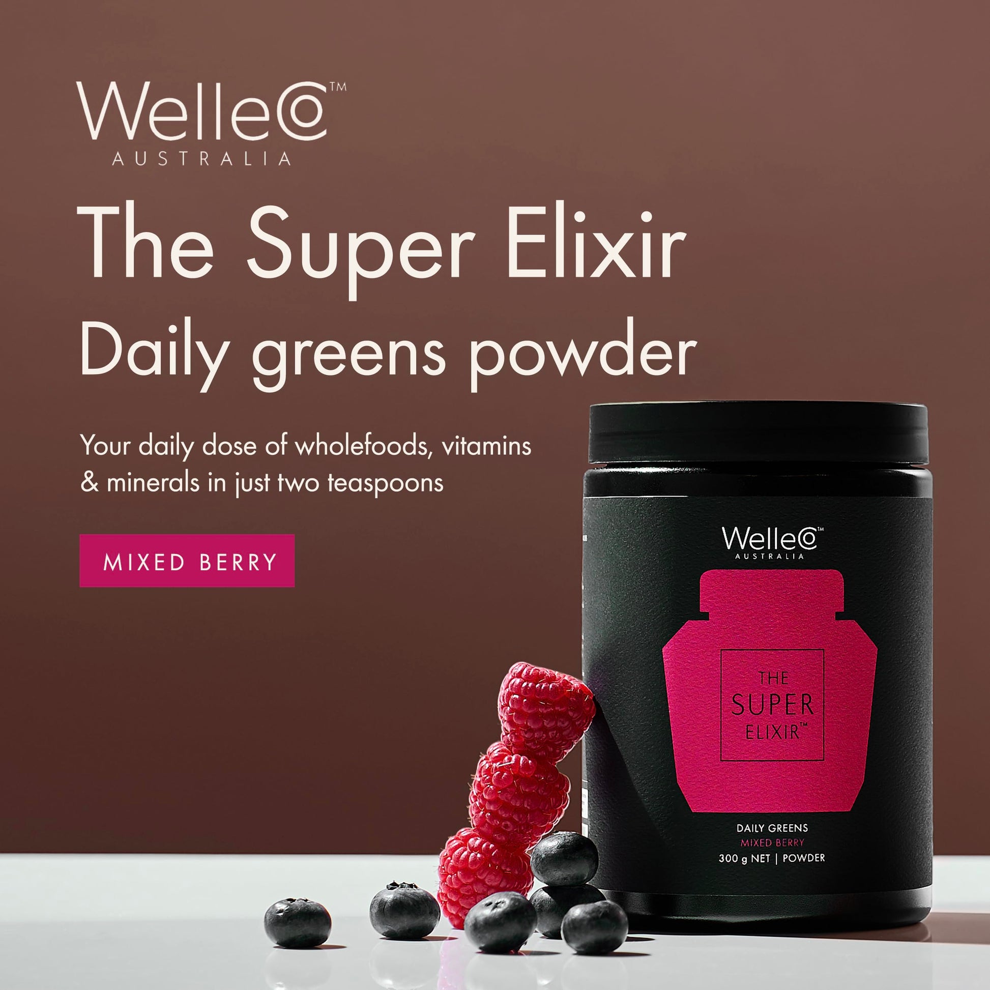 WelleCo The Super Elixir Daily Greens Powder, Probiotic Drink Mix with Whole Foods, Gluten Free, Vegan Gut Health Powder, Energy, Immunity, Healthy Skin, Hair & Nails (300g, Mixed Berry) WelleCo buy supplements canada