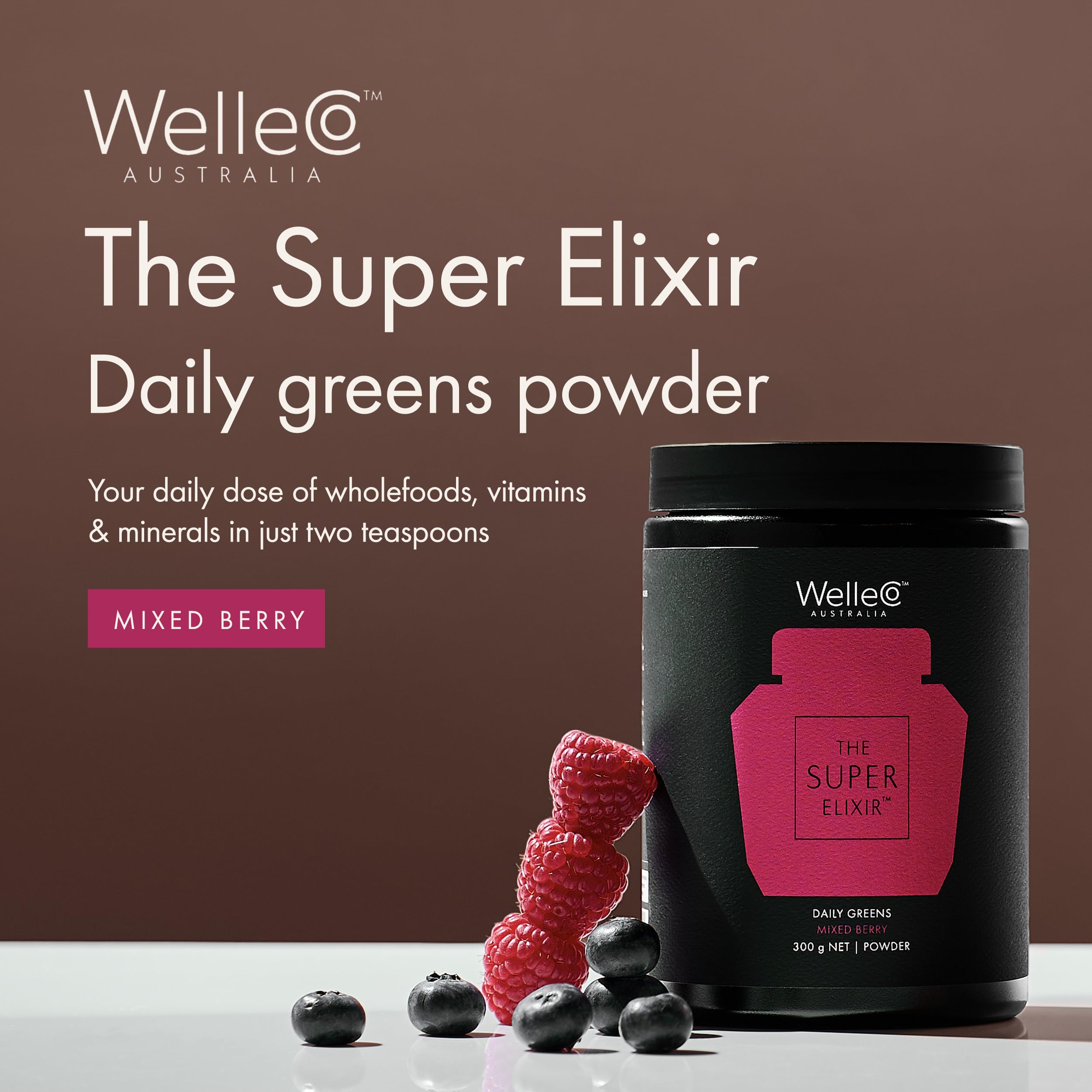WelleCo The Super Elixir Daily Greens Powder, Probiotic Drink Mix with Whole Foods, Gluten Free, Vegan Gut Health Powder, Energy, Immunity, Healthy Skin, Hair & Nails (300g, Mixed Berry) WelleCo buy supplements canada