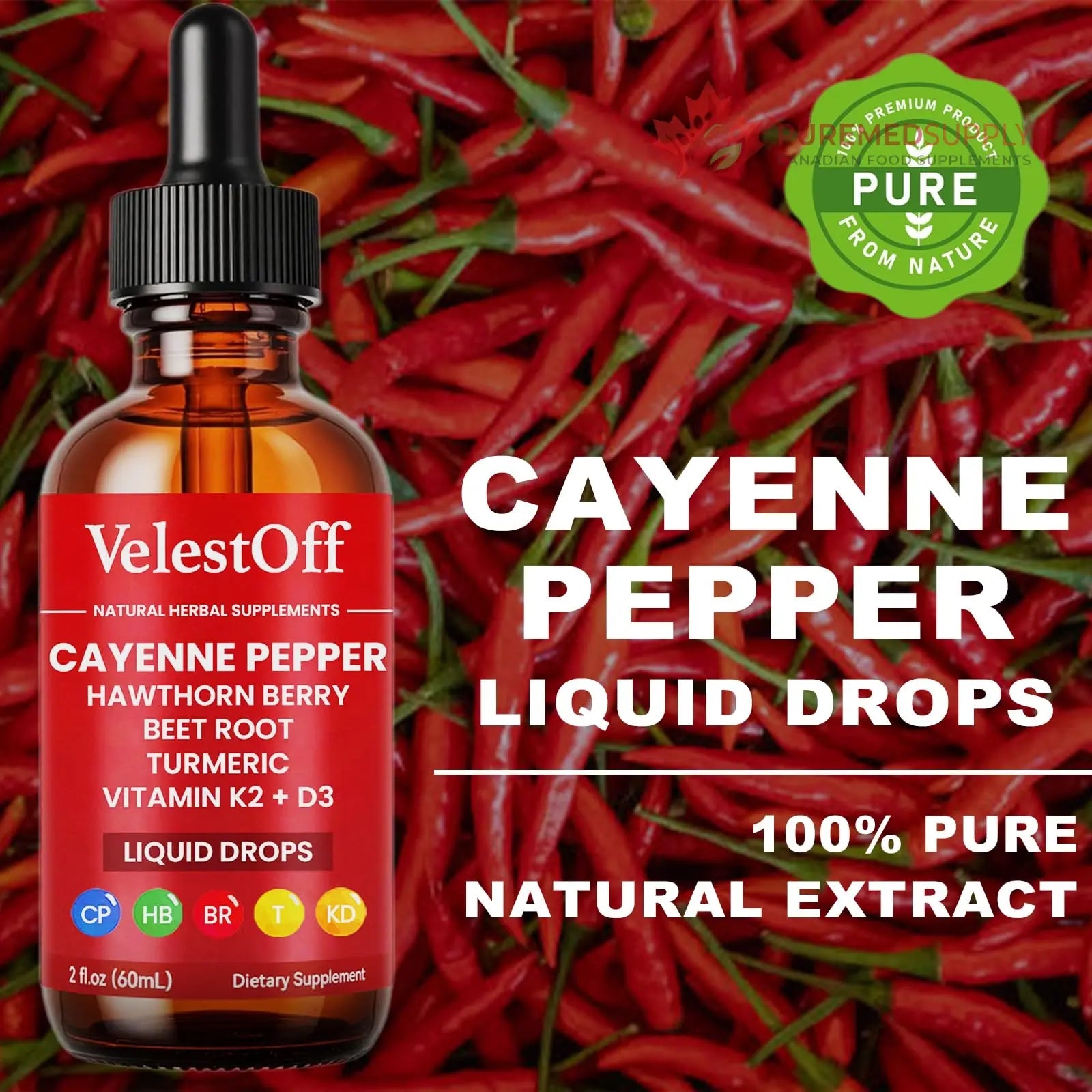Velestoff Cayenne Pepper Drops, Cayenne Circulation Blend with Hawthorn Beet Root Turmeric Vitamin K2 D3 - Vegan, Non-GMO - 2FL.OZ (2 PCS) Velestoff buy supplements canada