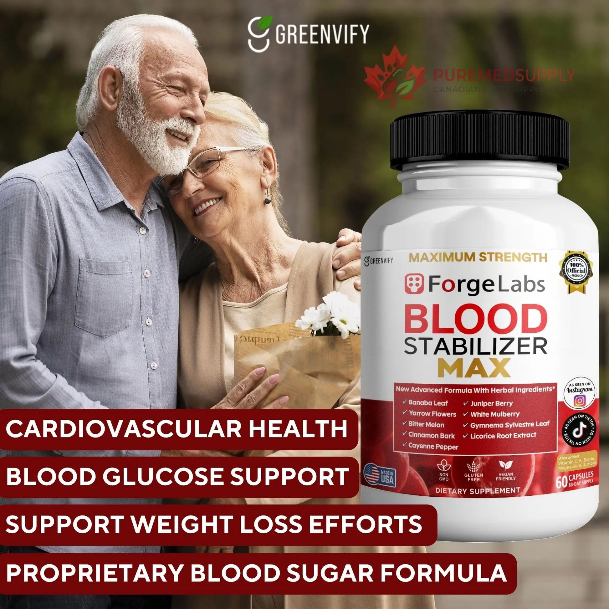 GREENVIFY ForgeLabs Blood Stabilizer Max, Maximum Strength Dietary Supplement, 60 Veggie Capsules, with Banaba Leaf, Juniper Berry, White Mulberry. (1) GREENVIFY buy supplements canada