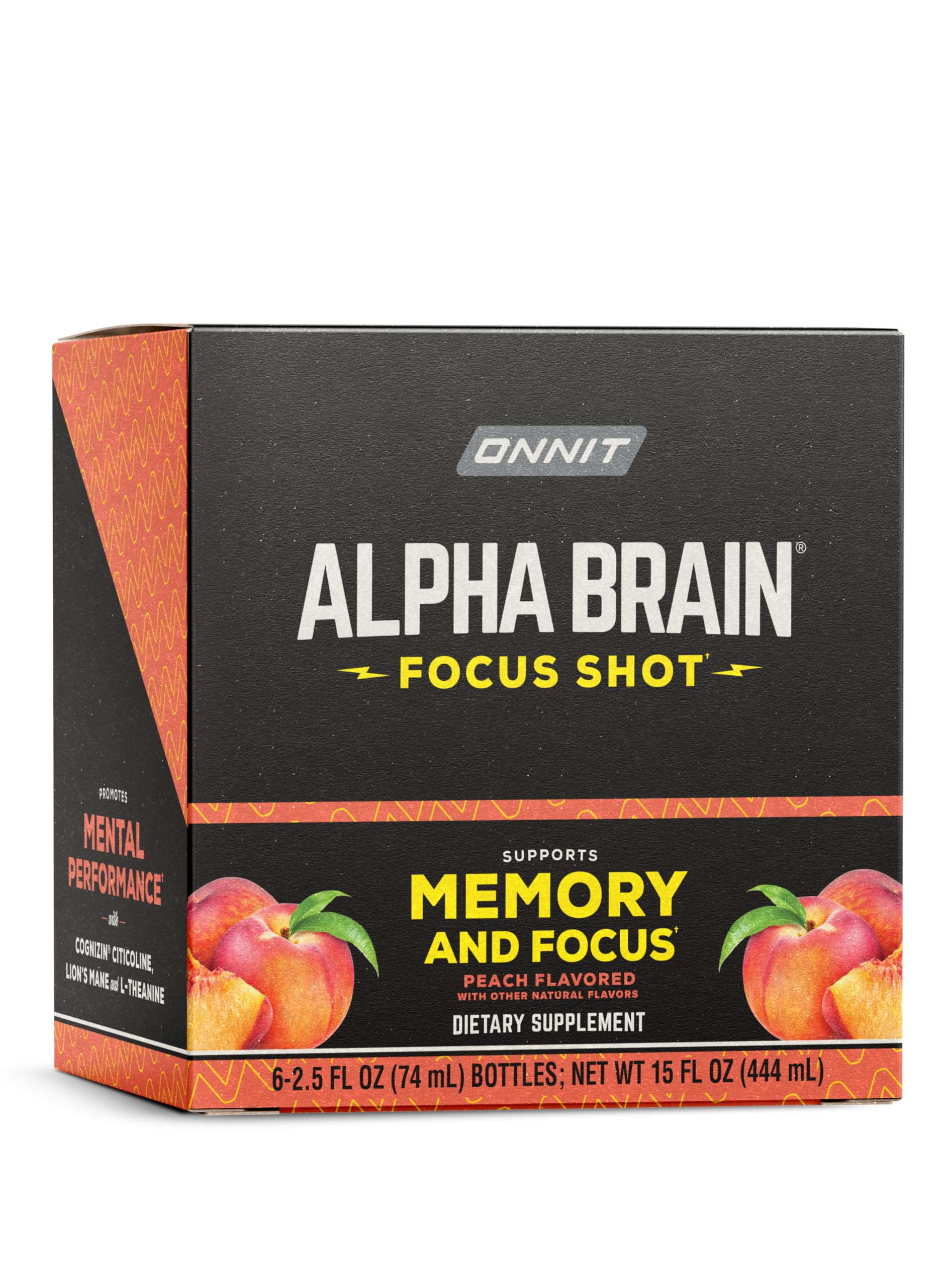 ONNIT Alpha Brain Focus Shot, Peach Flavor, Nootropic Dietary Supplement Drink That Supports Energy, Focus, and Mood, IGEN™ Non-GMO Tested, 2.5 fl oz, 6 Count ONNIT buy supplements canada
