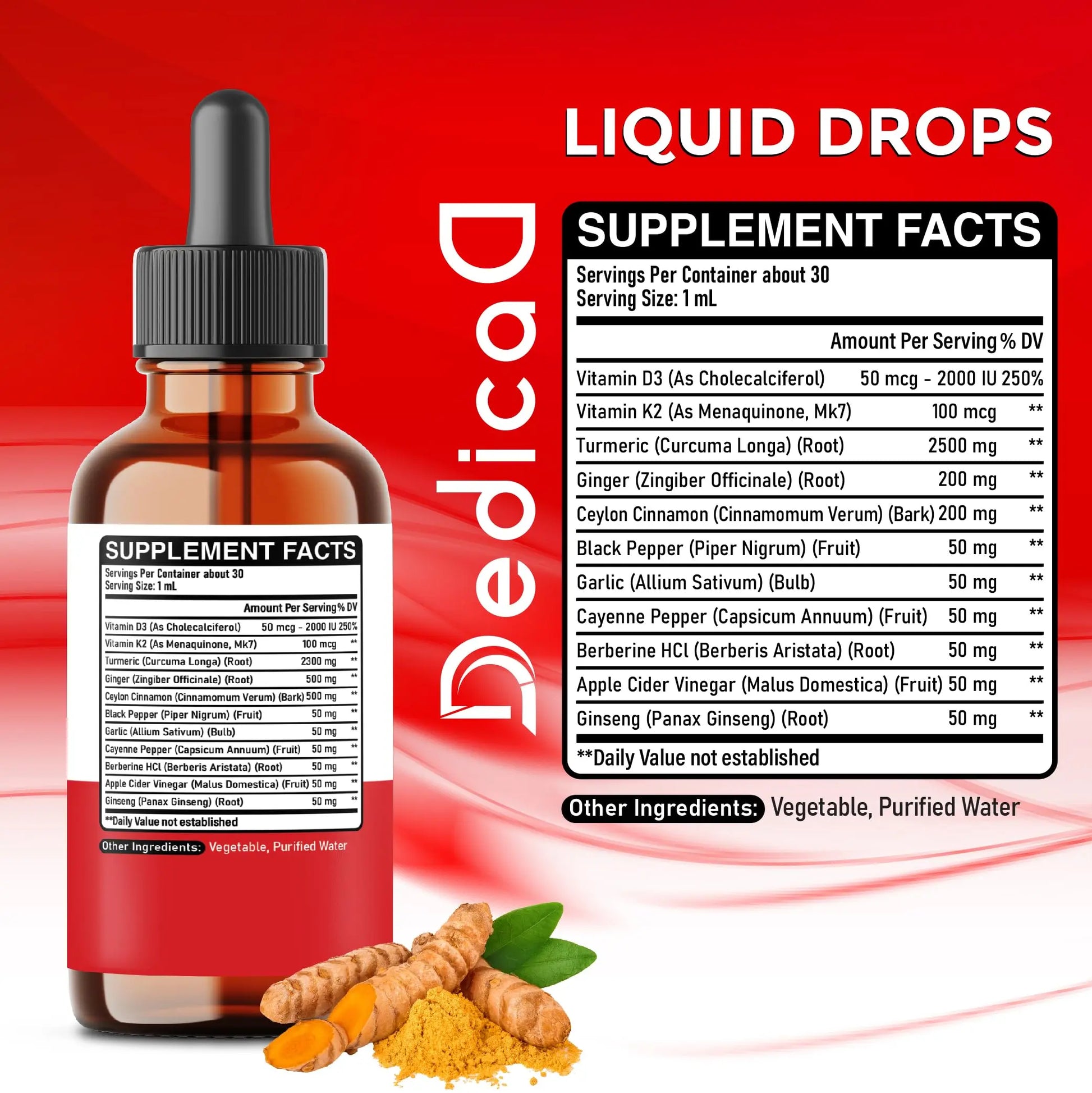 11in1 Turmeric Supplement for Health Heart & Wellness Support – with Ginger, Garlic, Ceylon Cinnamon, Berberine, Ginseng, Apple Cider Vinegar – 30ml Liquid Drops – 60 Servings DEDICAD buy supplements canada