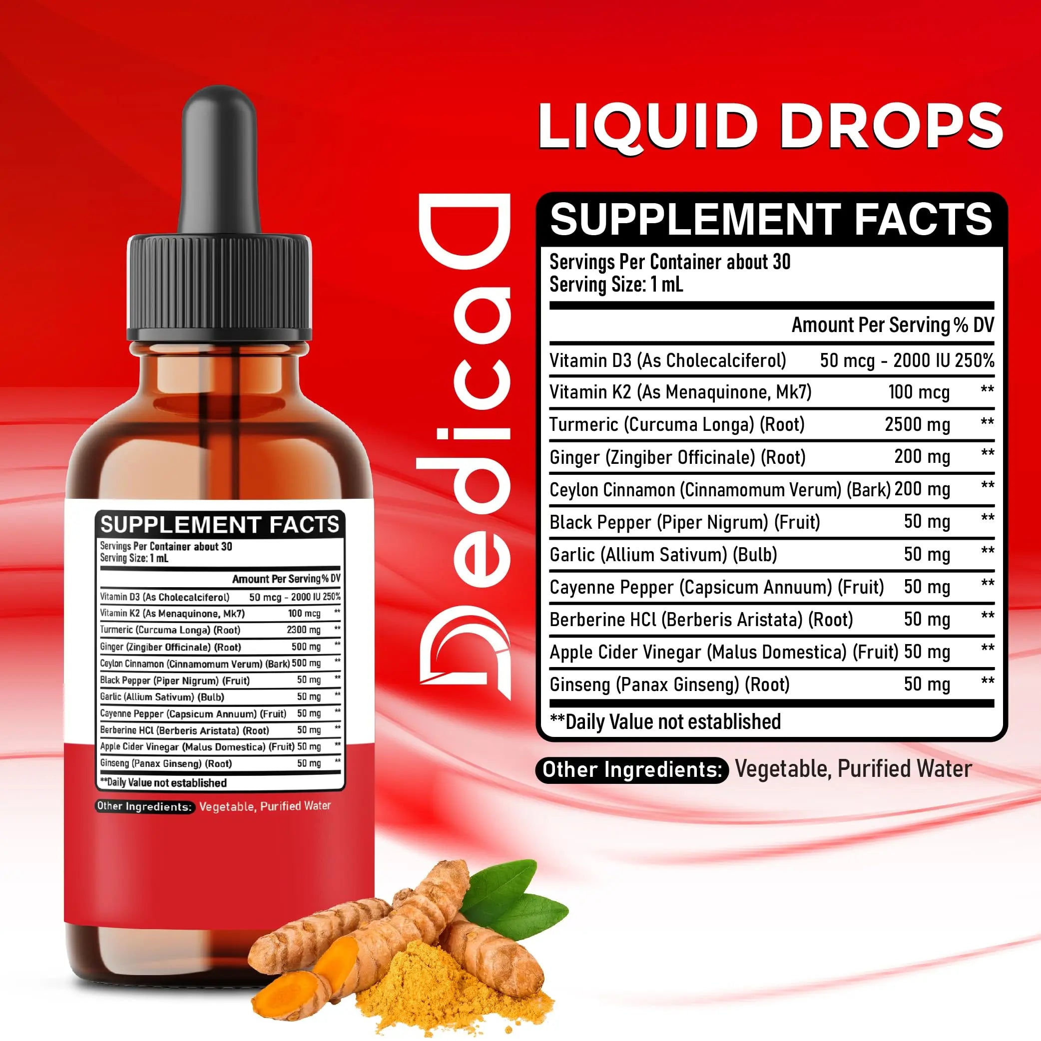 11in1 Turmeric Supplement for Health Heart & Wellness Support – with Ginger, Garlic, Ceylon Cinnamon, Berberine, Ginseng, Apple Cider Vinegar – 30ml Liquid Drops – 60 Servings DEDICAD buy supplements canada