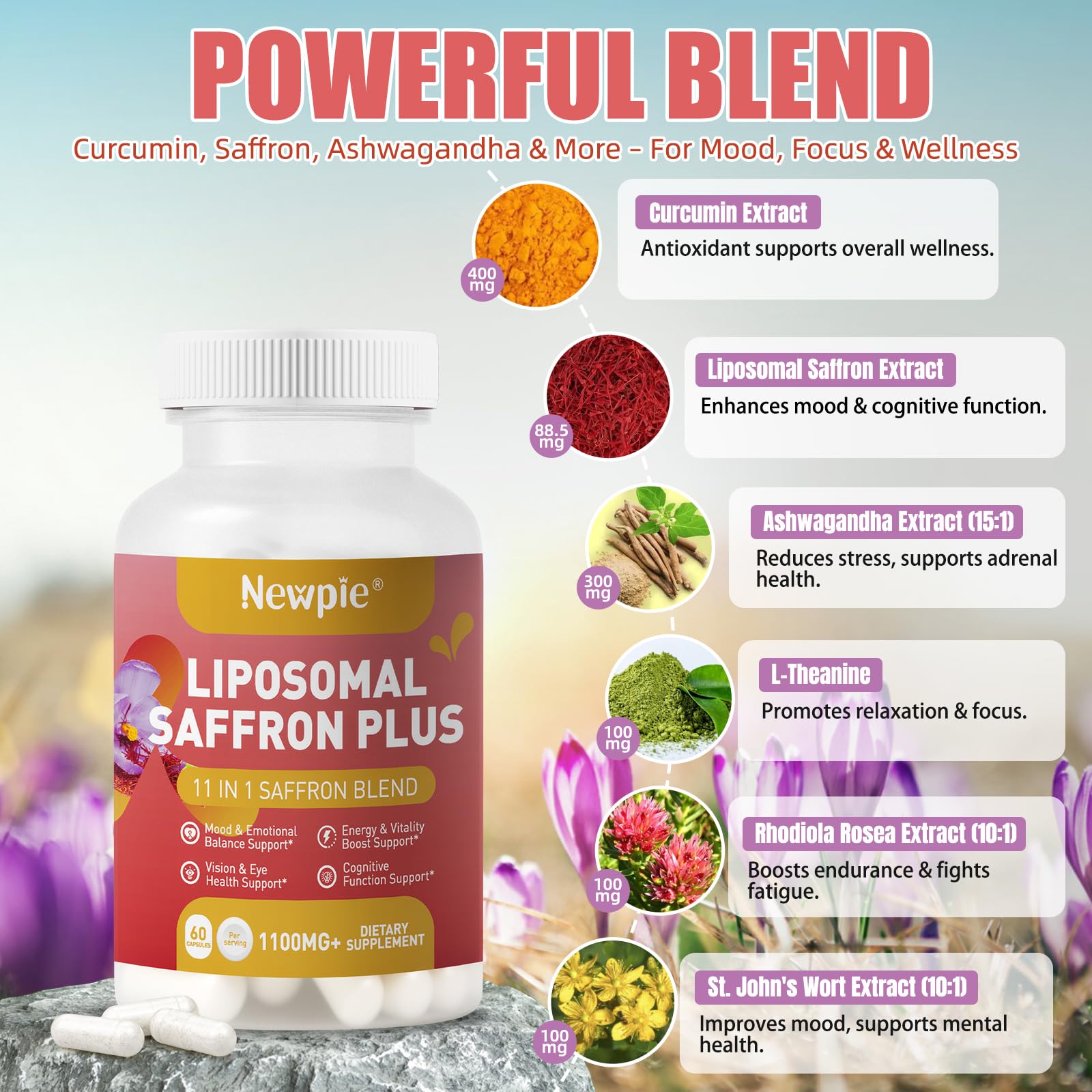 Newpie Saffron Supplements - 100% Pure Saffron Extract Capsules - Natural Mood Enhancer, Supports Eye & Heart Health, Boosts Energy - Premium Supplement for Women & Men（60 Servings (1) Newpie buy supplements canada
