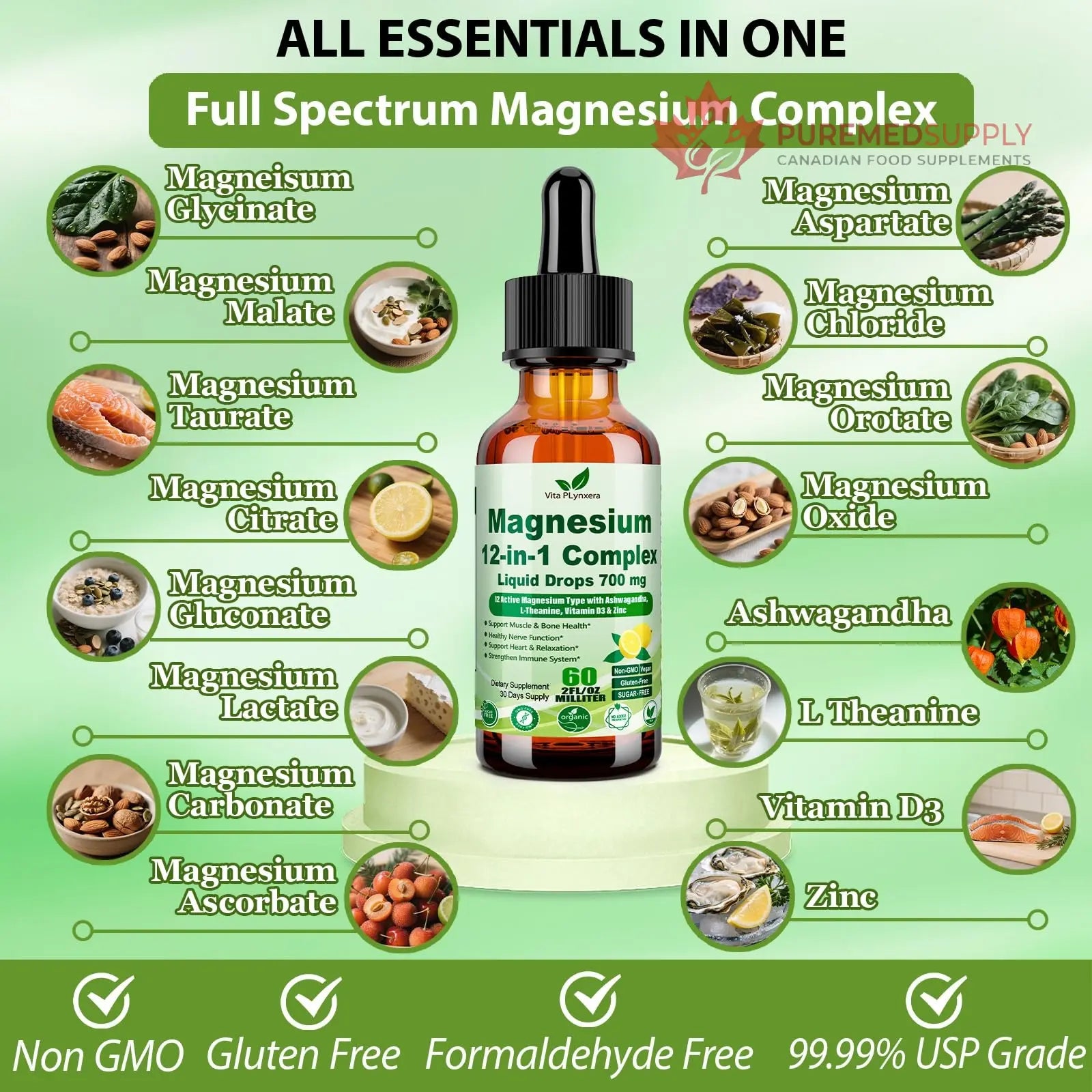 12-in-1 Magnesium Complex Liquid Drops, Chelated Magnesium Citrate Glycinate Taurate Malate Aspartate w. Ashwagandha Theanine D3 & Zinc for Relaxation Sleep Immune Health & Muscle Function丨Women Men. Vita PLynxera buy supplements canada
