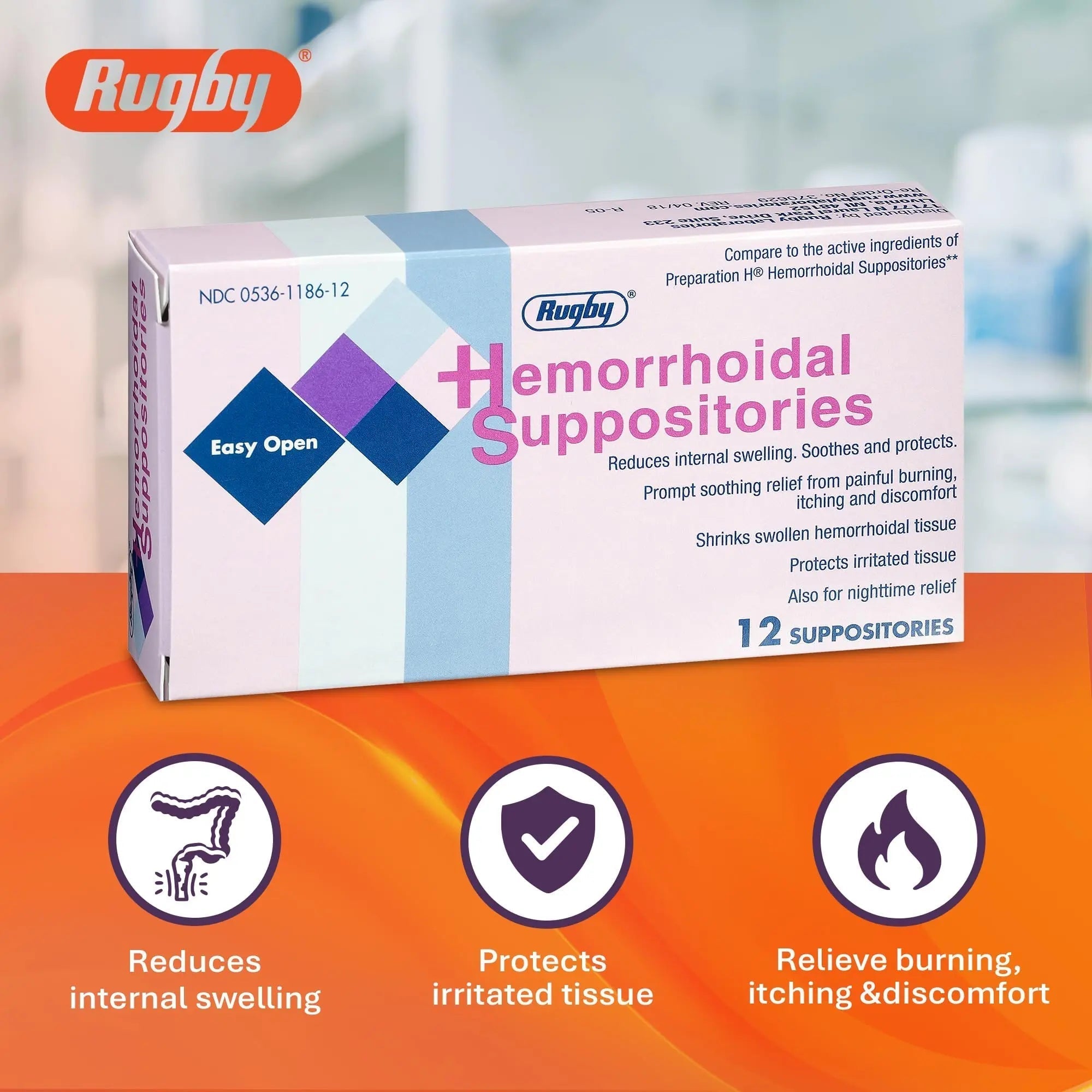 Rugby Hemorrhoidal Suppositories - Soothing and Shrinking Action for Internal Hemorrhoids with Cocoa Butter and Phenylephrine HCl, Easy Open Design - 12 Count RUGBY LABORATORIES buy supplements canada