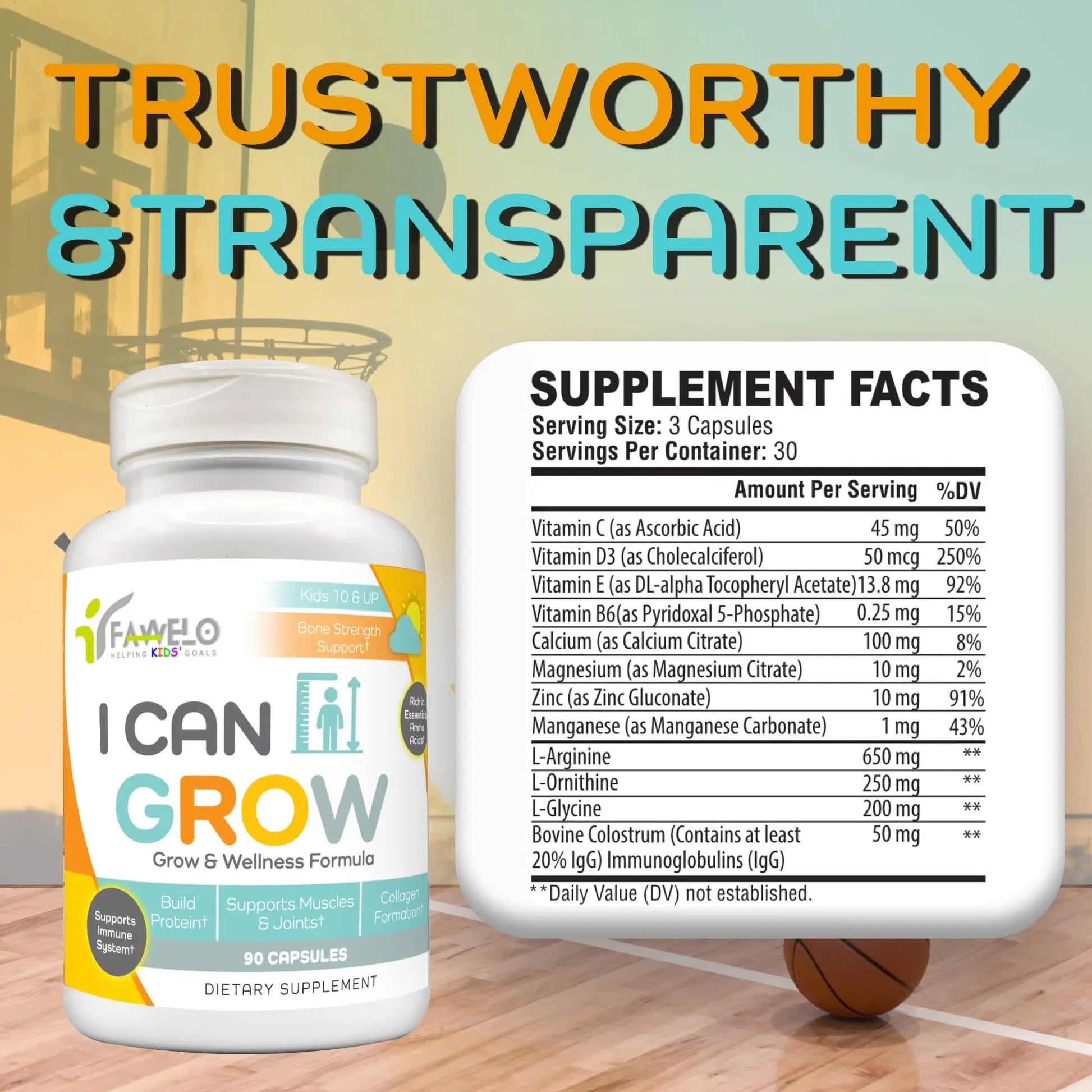 Fawelo I Can Grow Day-Time for Kids 10+ & Teens | Growth & Development Support with L-Arginine, Colostrum, Calcium, D3, Magnesium, Zinc | Fawelo buy supplements canada