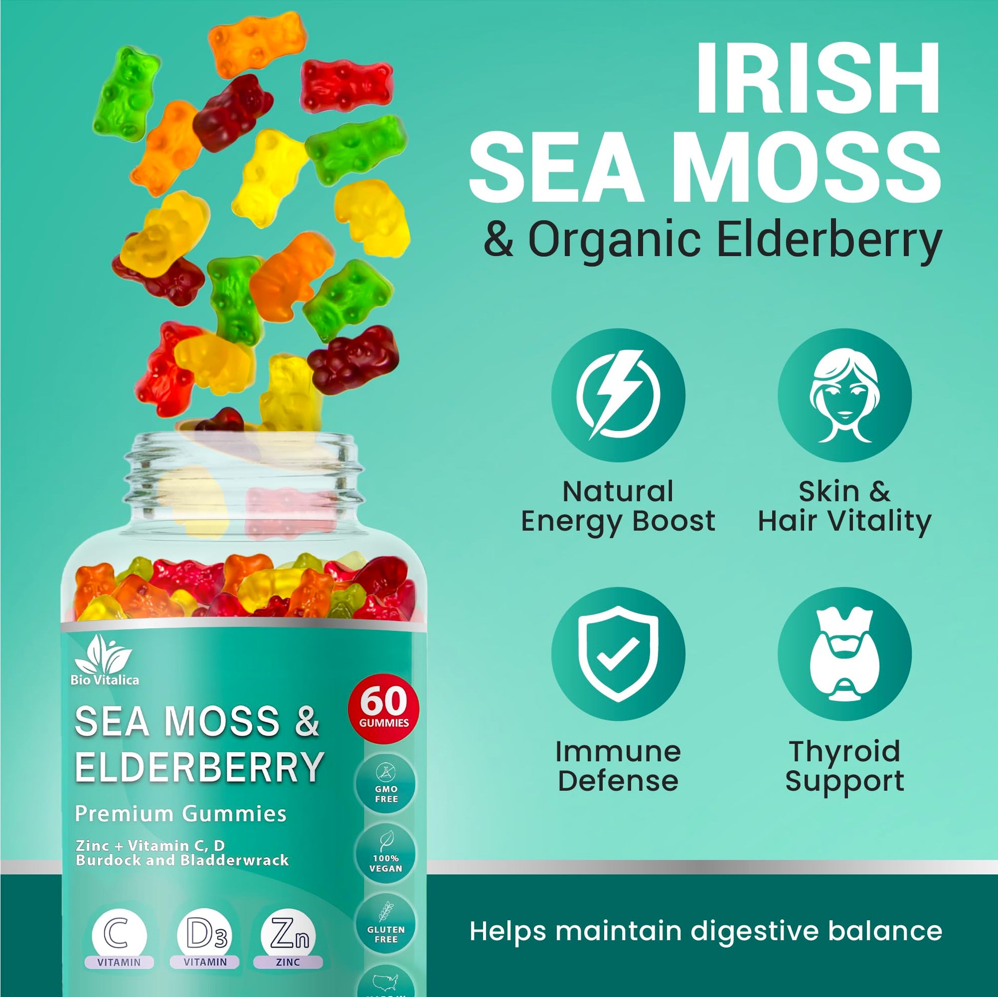 BIO VITALICA Irish Sea Moss Gummies with Elderberry – USA Made Vegan Gummies with Vitamin C, D & Zinc – Immune Support Supplement with Bladderwrack & Burdock Root for Adults & Kids – 3 Packs BIO VITALICA buy supplements canada