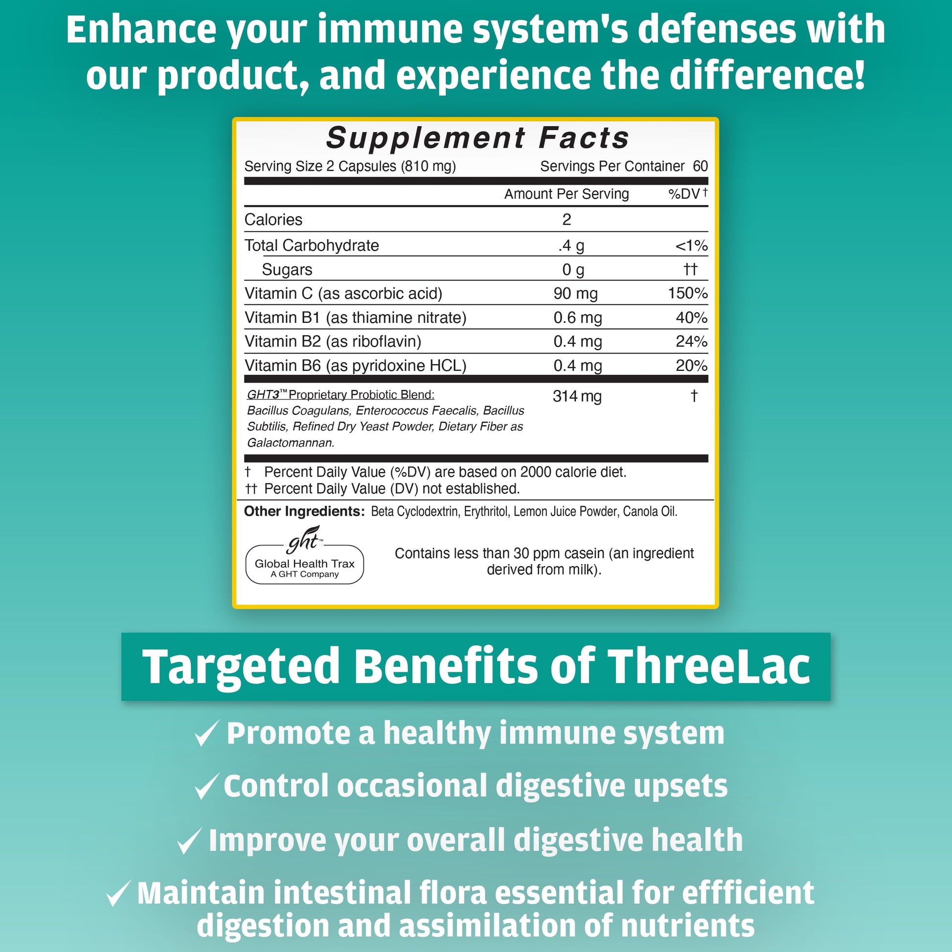 Global Health Trax GHT - ThreeLac Probiotic Capsules, 120 Count - Comprehensive Digestive Support for Men, Women, and Children - Immune System and Gut Balance, Non-GMO ght Global Health Trax buy supplements canada