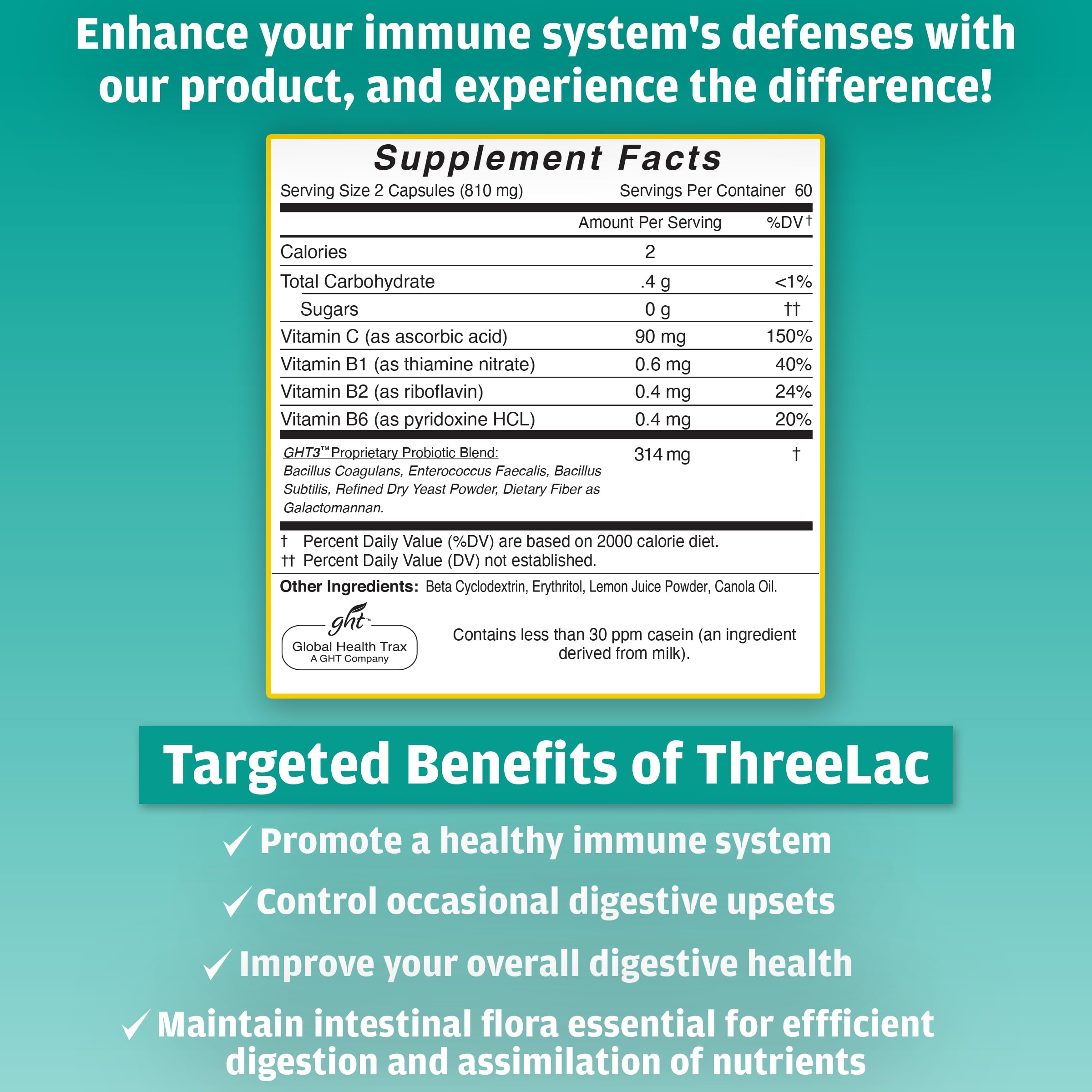 GHT - ThreeLac Probiotic Capsules, 240 Ct - Comprehensive Digestive Support for Men, Women, and Children - Immune System and Gut Balance, Non-GMO ght Global Health Trax buy supplements canada