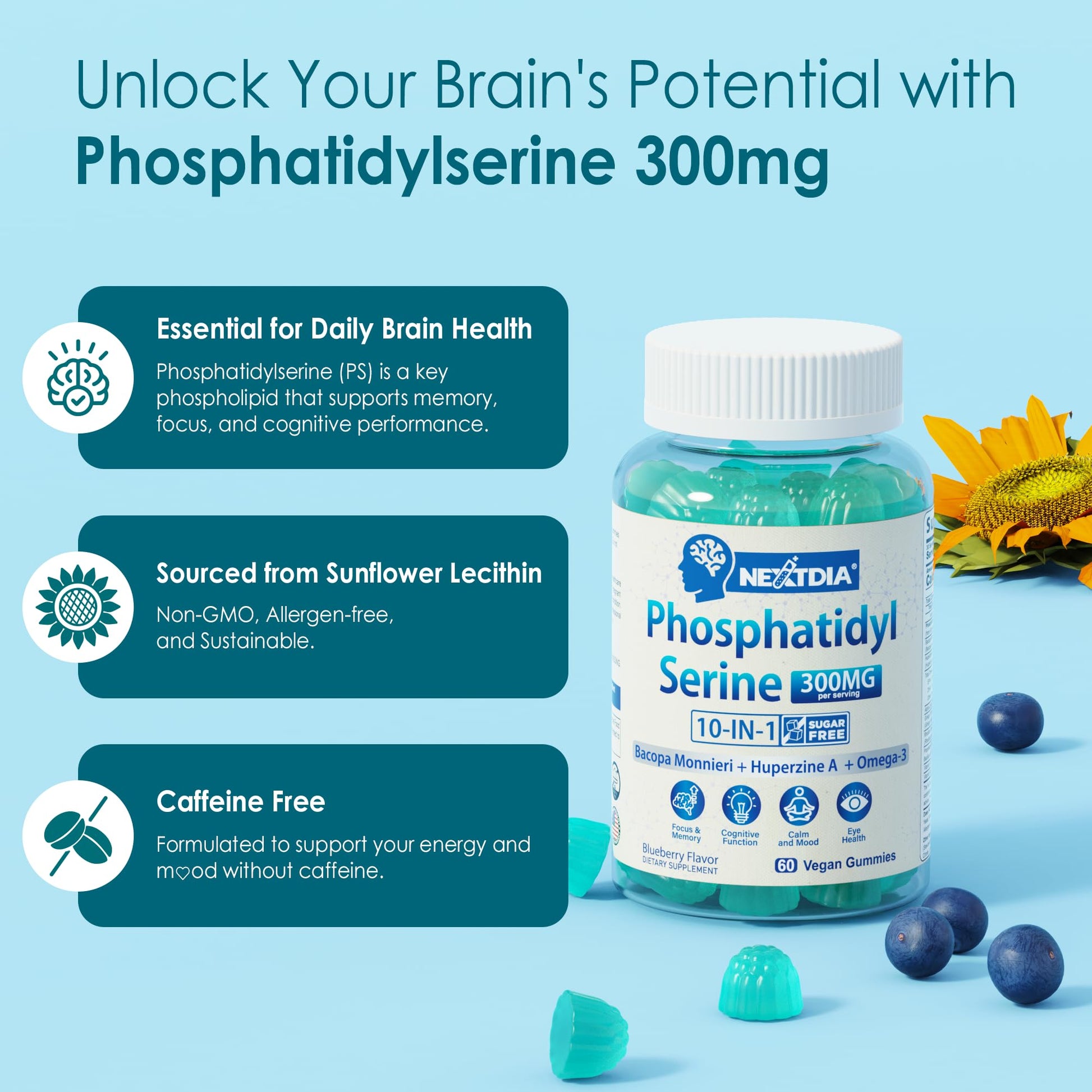 Phosphatidylserine - Nootropic Brian Supplement, Focus & Energy Gummies+ Bacopa Monnieri, Omega 3, Huperzine A, Methyl B12 & B6 for Seniors, Gamers, Workers, Non-GMO, Caffeine-Free, Sugar Free, 2 Pack Nextdia buy supplements canada
