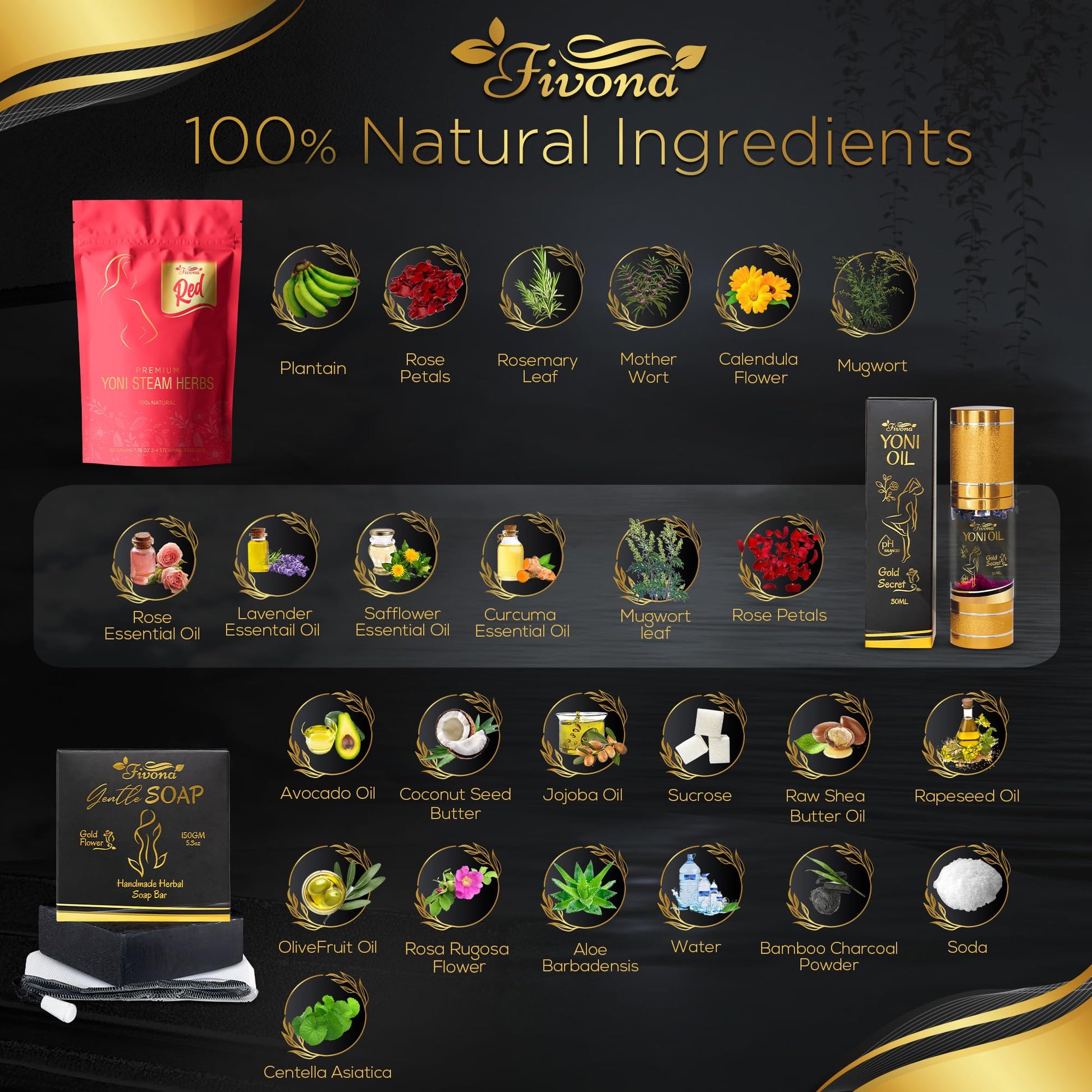 Fivona 4-in-1 Feminine Care Kit, Yoni Oil, Yoni Soap, Yoni Steaming Pot and Red Premium V Steam Herbs FIVONA buy supplements canada