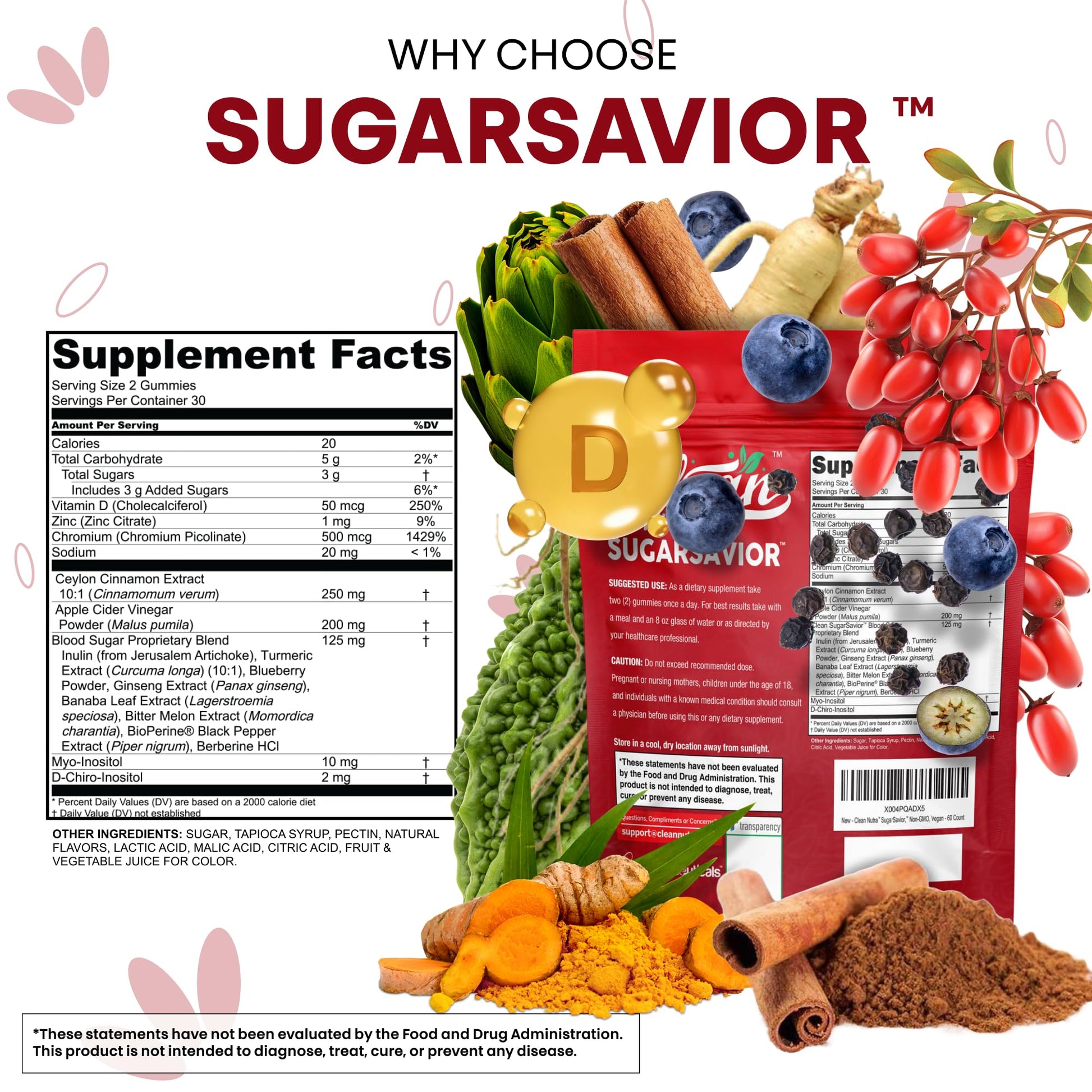 Sugar Savior Ceylon Cinnamon Berberine Gummies Apple Cider Vinegar Artichoke Turmeric Blueberry Ginseng Banaba Bitter Melon Black Pepper Vitamin D Zinc GLP1 Gummies 60 Count by Clean Nutra Clean Nutraceuticals buy supplements canada