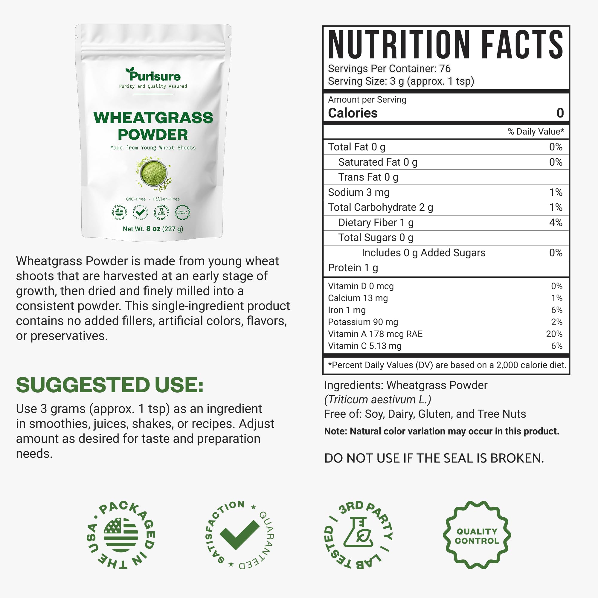 Purisure Wheatgrass Powder, 8oz, Wheat Grass Powder, Green Superfood for Salads, Smoothie and Shakes, Superfood Powder Rich in Immunity Vitamins, Fiber and Minerals, 76 Servings Purisure buy supplements canada