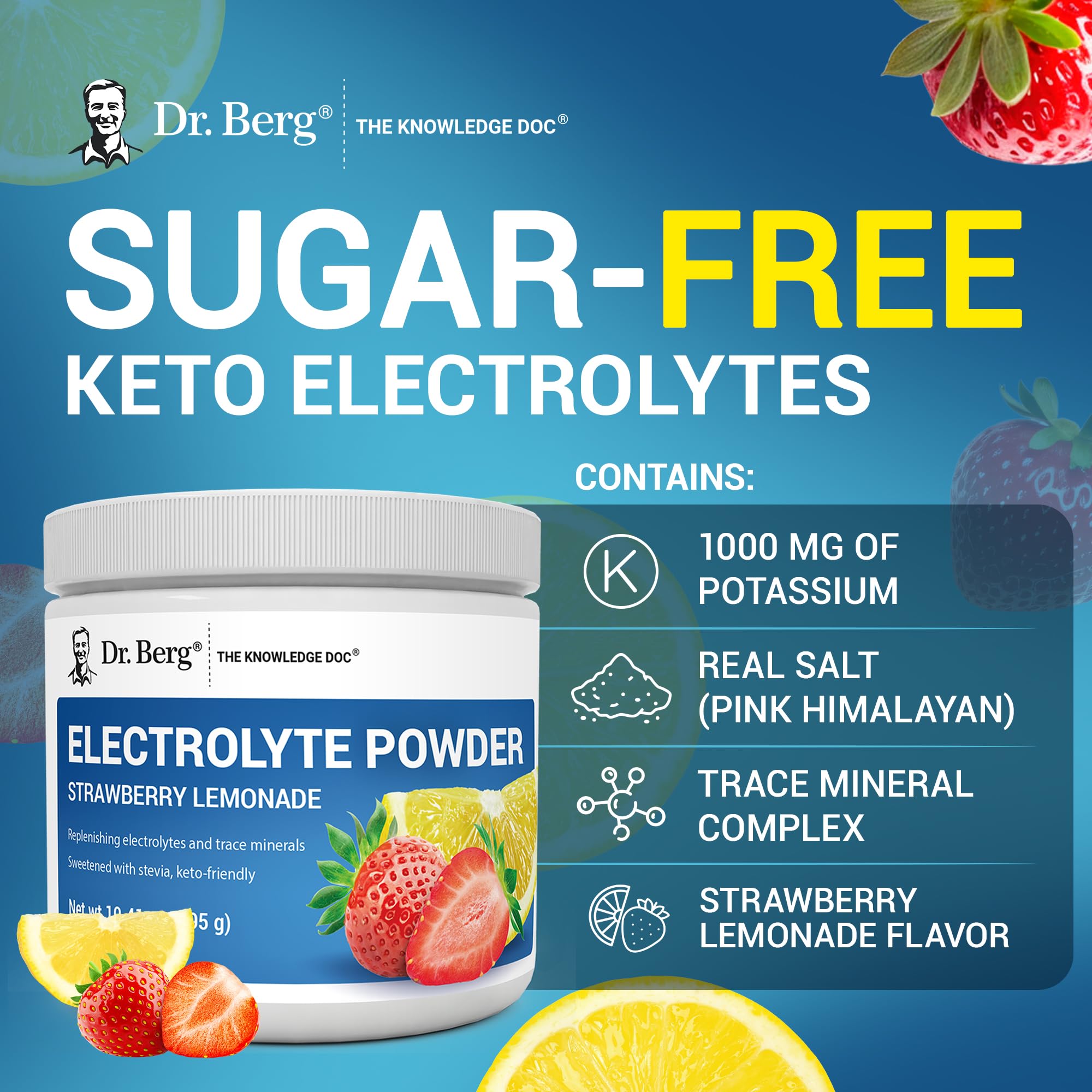 Dr. Berg Zero Sugar Hydration Keto Electrolyte Powder - Enhanced w/ 1000 mg of Potassium & Real Pink Himalayan Salt (NOT Table Salt) - Strawberry Lemonade Hydration Drink Supplement - 50 Servings Dr. Berg Nutritionals buy supplements canada