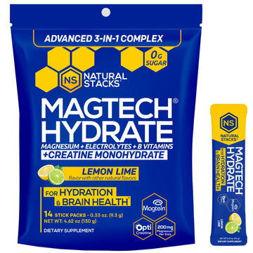 NATURAL STACKS Magtech Magnesium Hydrate + Creatine - Sugar Free Electrolyte Drink - Magtein Magnesium L-Threonate, Glycinate & Taurate - Supports Hydration & Cellular Energy - 14 Hydration Packets NATURAL STACKS buy supplements canada
