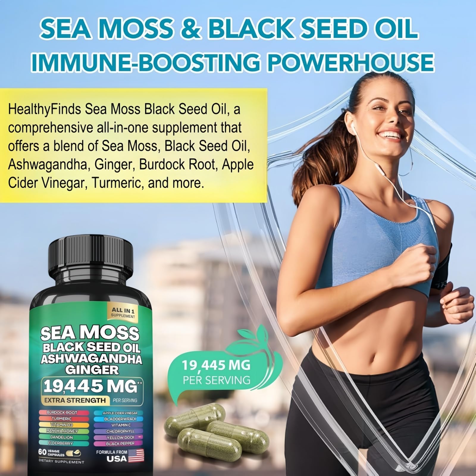 HealthyFinds Sea Moss Black Seed Oil Ashwagandha Ginger Capsules with Turmeric Bladderwrack Burdock & Vitamin C Vitamin D3 with Elderberry Manuka Dandelion Yellow Dock Iodine Chlorophyll ACV HealthyFinds buy supplements canada