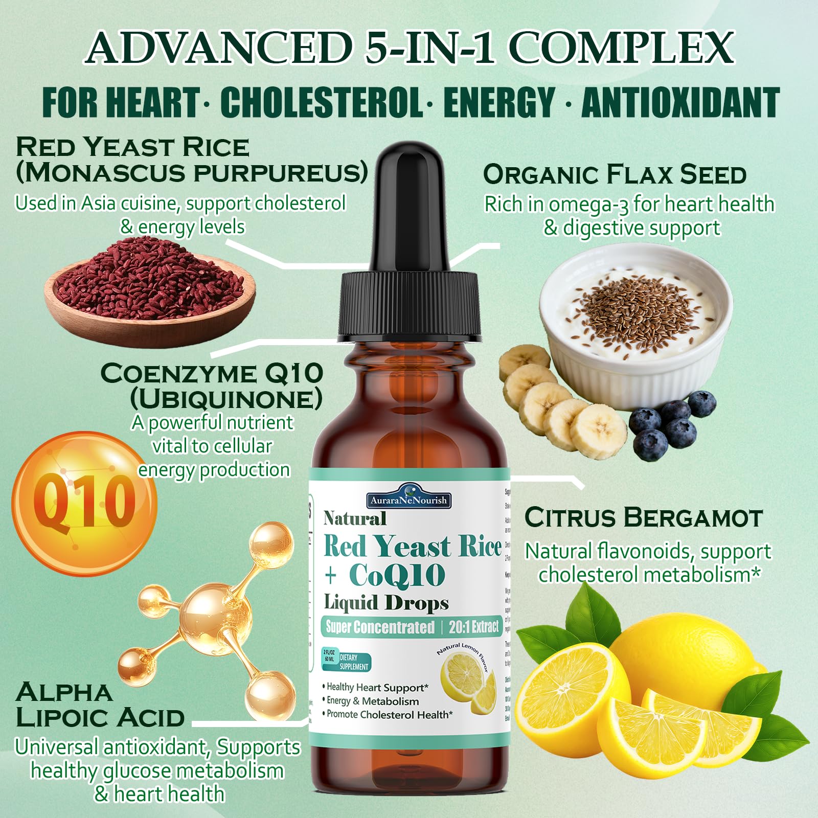Liposomal Red Yeast Rice with Coq10 Liquid Drops, 5-in-1 Extra Strength 1200mg Cholesterol & Heart Support w. Citrus Bergamot Alpha Lipoic Acid | Cholesterol Lowering Supplement | GMO & Citrinin Free AuraraNeNourish buy supplements canada