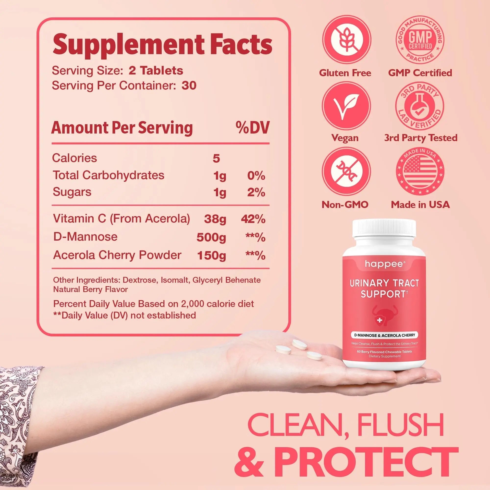 Happee Urinary Tract Health Supplement for Women & Men – Fast-Acting UTI Relief and Prevention, 500mg D-Mannose & Antioxidants, Supports Kidney and Bladder Health, Berry Flavor, 60 Chewables Happee buy supplements canada