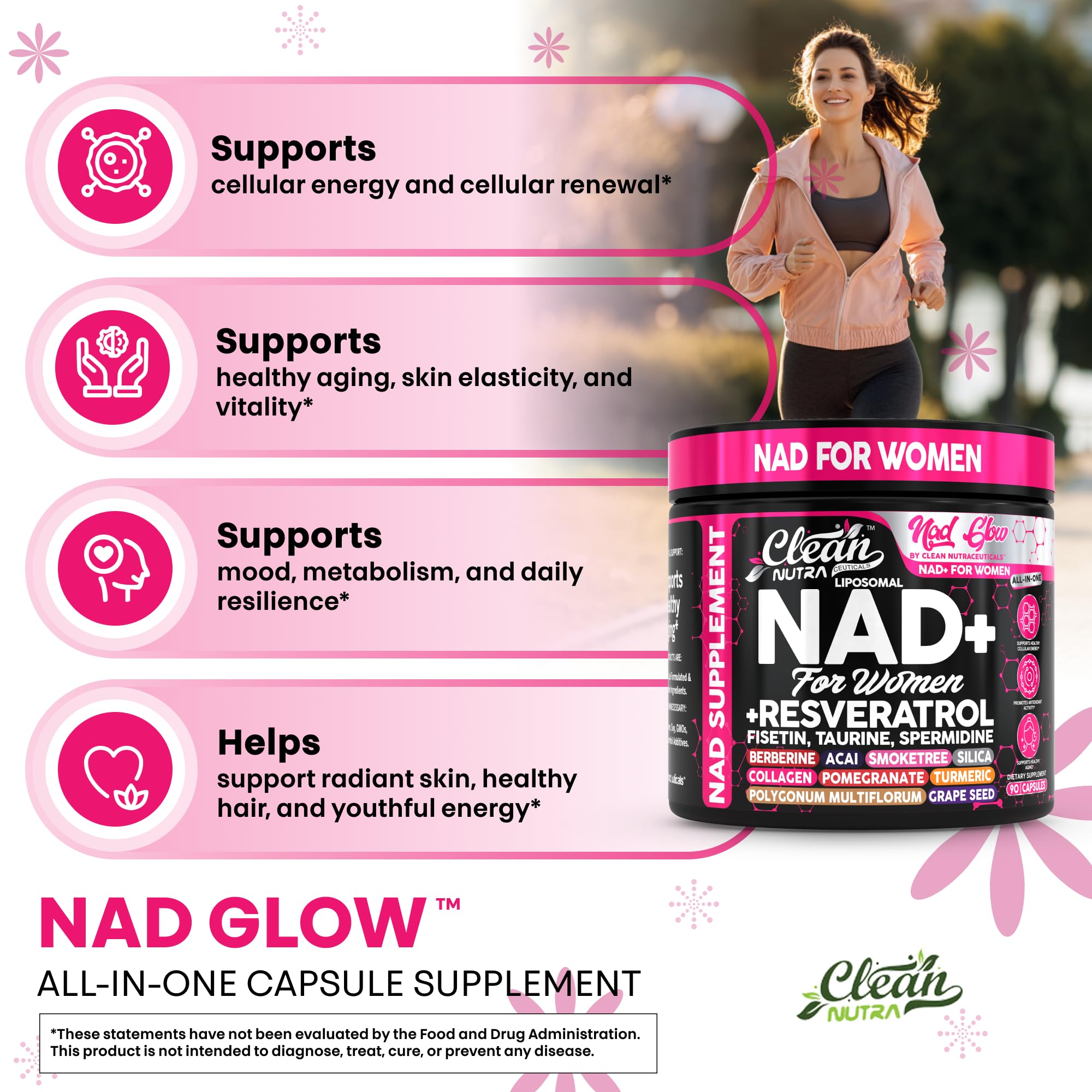 NAD+ Resveratrol Supplement for Women NAD Turmeric Vitamin C Acai Pomegranate Collagen Peptides Nicotinamide Riboside Fisetin Vitamin E Polygonum Multiflorum Berberine 90 Capsules by Clean Nutra Clean Nutraceuticals buy supplements canada