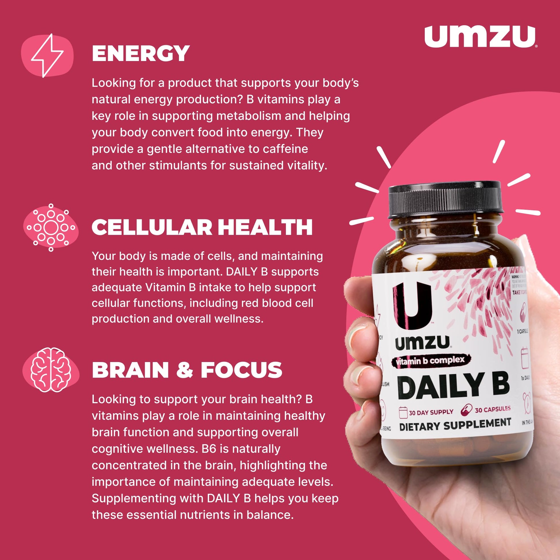 UMZU Daily B, 30 Day Supply – Complete Vitamin B Complex Supplement Blend with B1, B2, B3, B5, B6, B7, B9 & B12 Plus Folic Acid & Biotin – Supports Energy, Focus, Mood, UMZU buy supplements canada