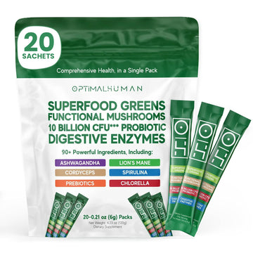 Optimal Human Superfood Greens Powder – 90+ Ingredient Blend with Lion’s Mane Supplement, Ashwagandha & Turmeric – Non-GMO, Soy-Free, Mushroom Supplements for Women – 20 Sachets O H buy supplements canada
