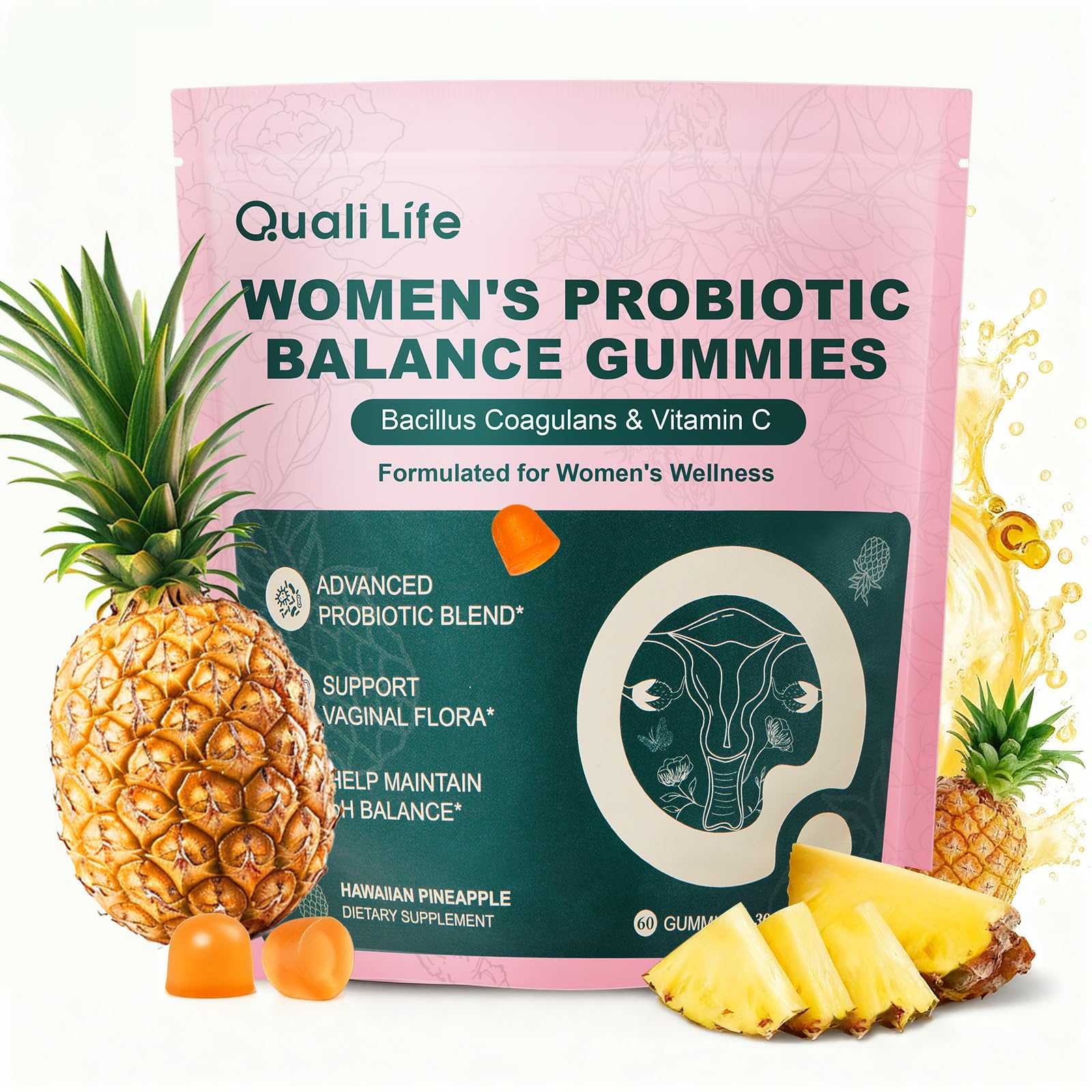 QualiLife Premium Feminine Balance Gummies for Women – Probiotic Vaginal Health Support with Vitamin C – pH Balance & Flora Support – Sugar Free, Vegan, Hawaiian Pineapple Flavor – 60 Gummies (1) QualiLife buy supplements canada